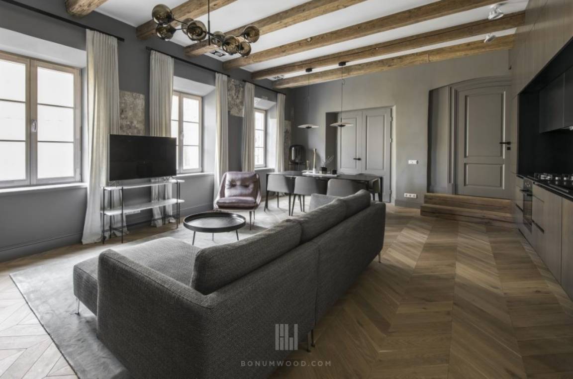 MQ100 di Listone punta ungherese CHEVRON BONUM ROVERE NATURALE 11x120x480 (4mm nobile) 30° classic ad olio/cera - Eternal Parquet