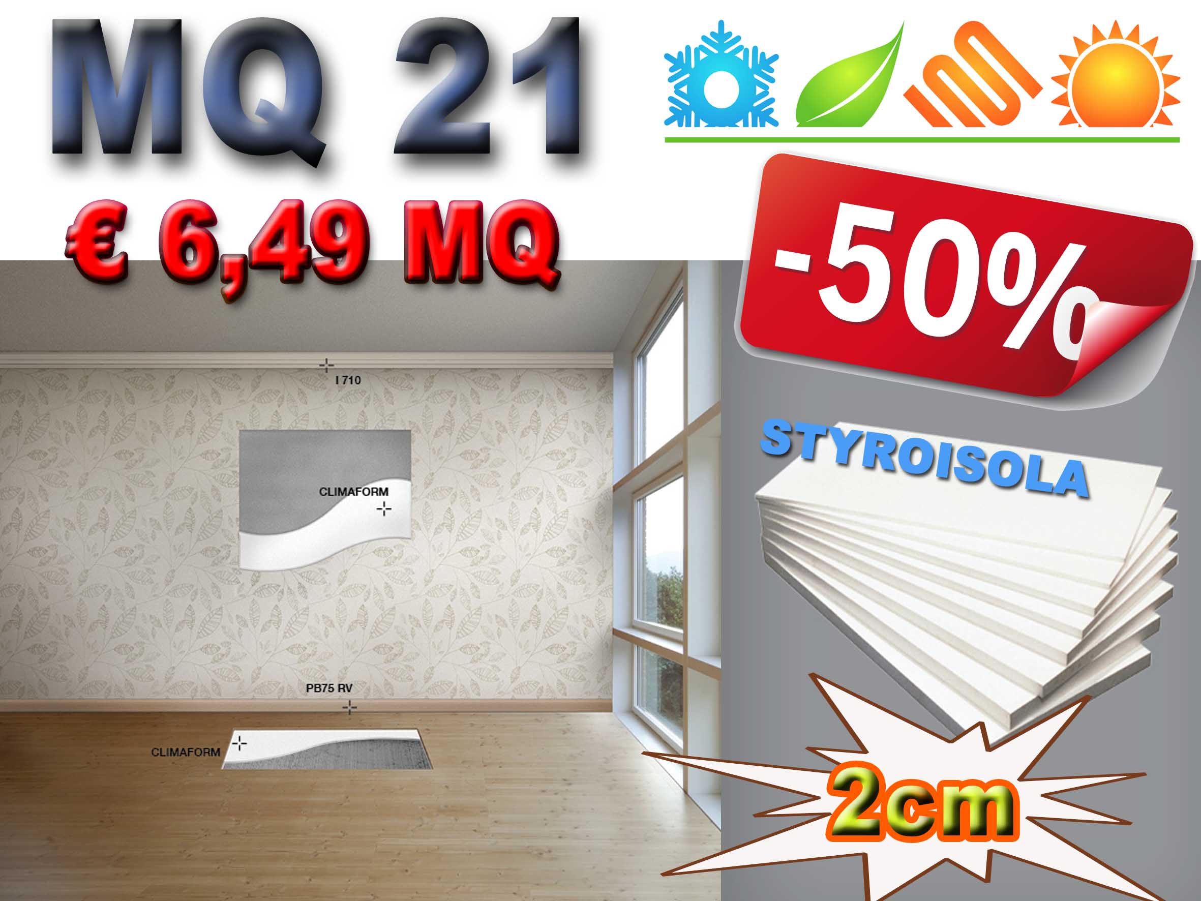 MQ 21 di STYROISOLA 2cm pannelli PS espanso in Lastre alta densità isolanti ed intonacabili per pareti, sottotetti e sottopavimenti. isolamento termico, acustico e antiumido. 60X120CM - Eternal Parquet