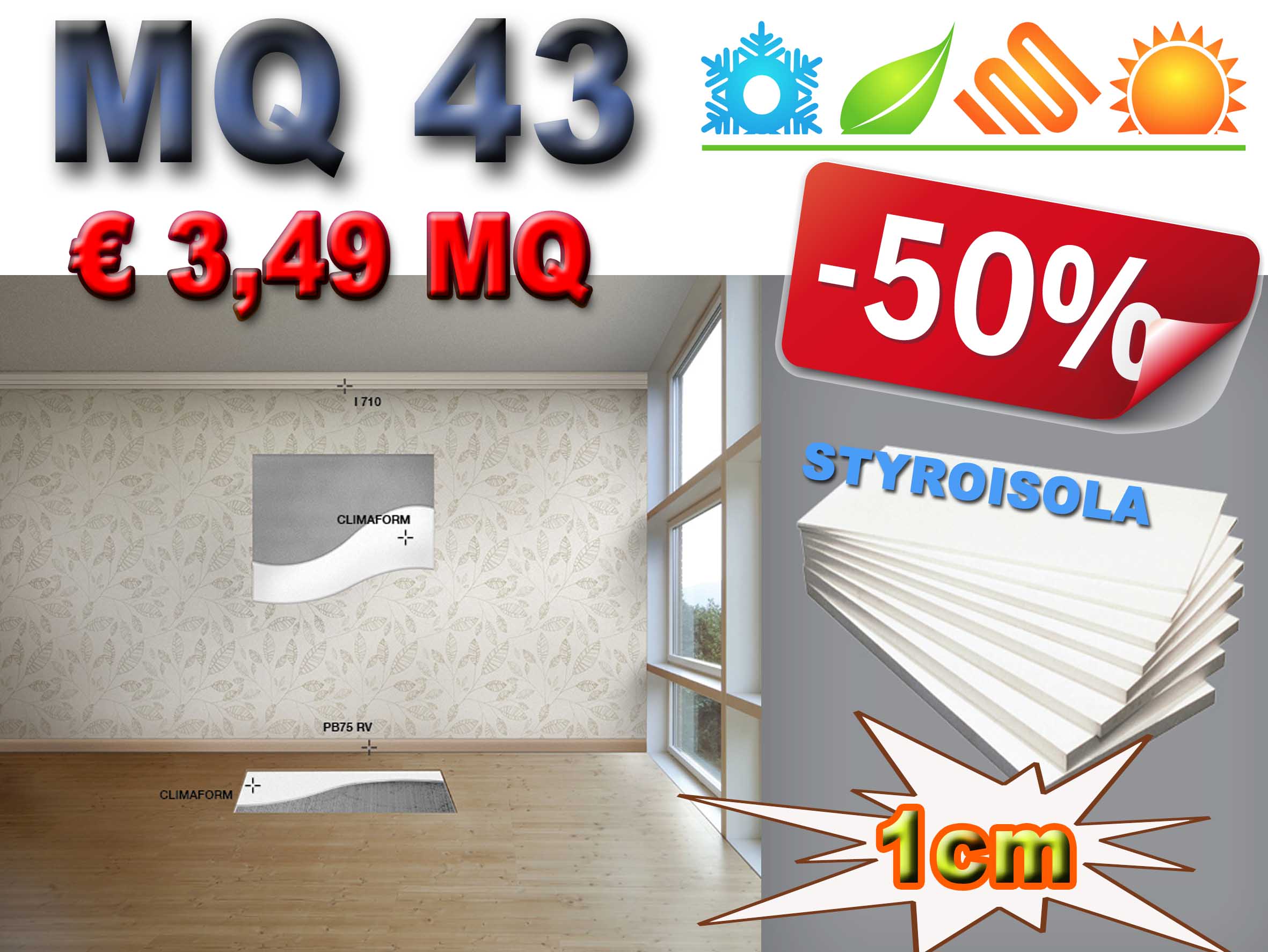 MQ 43 di STYROISOLA 1cm pannelli PS espanso in Lastre alta densità isolanti ed intonacabili per pareti, sottotetti e sottopavimenti. isolamento termico, acustico e antiumido. 60X120CM - Eternal Parquet