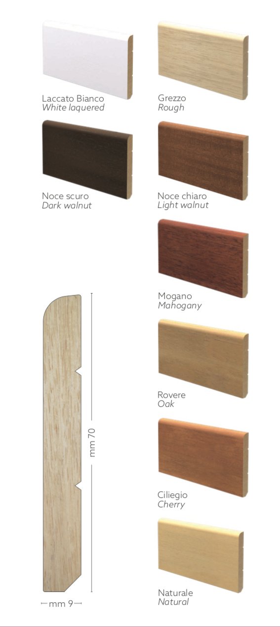 BATTISCOPA ZOCCOLINO legno MASSICCIO/MASSELLO BECCO DI CIVETTA SLIM SOTTILE 70X9 - Eternal Parquet