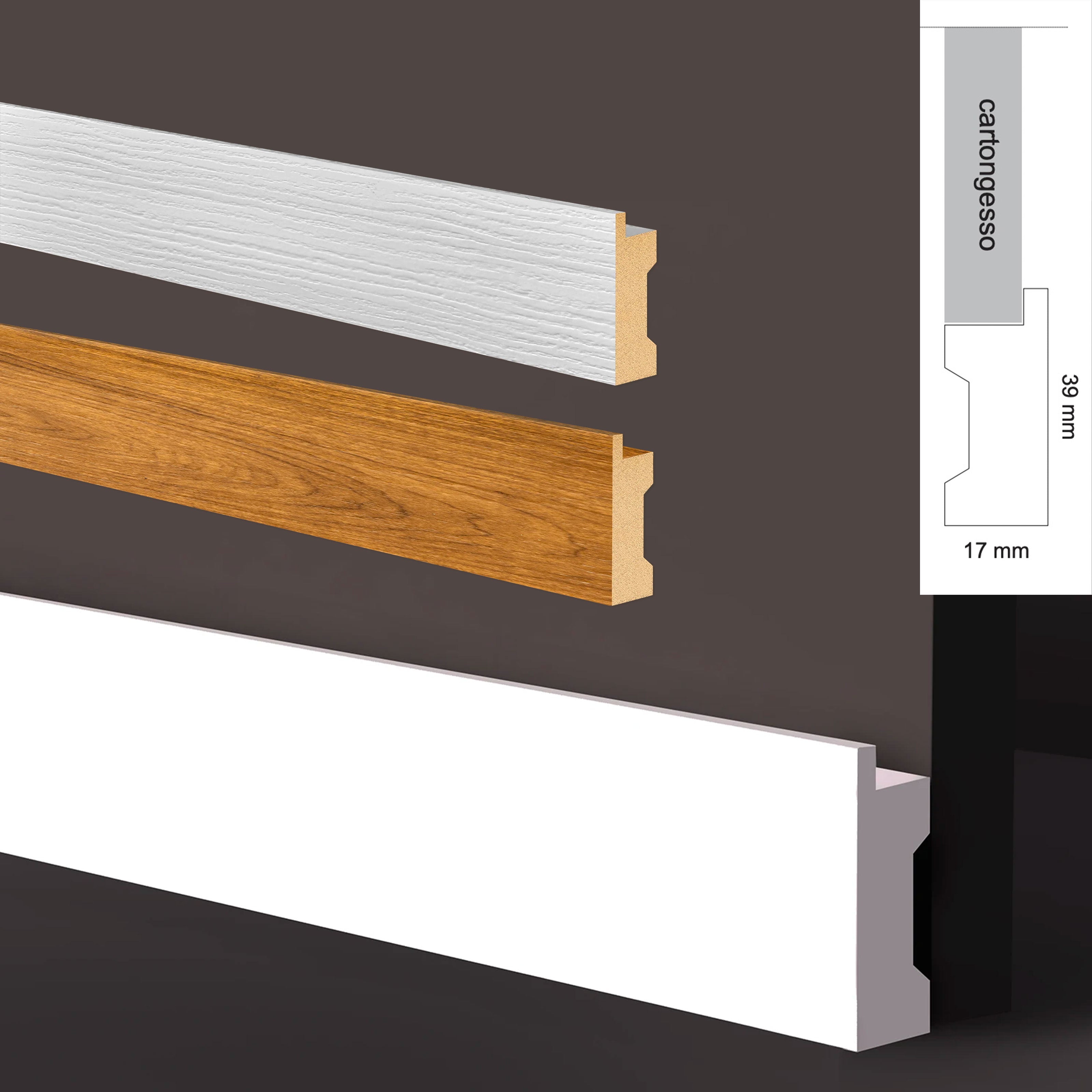 Battiscopa in POLIMERI Ad INCASSO RASOMURO per Cartongesso 39x17x2800mm - BIANCO - ROVERE - - Eternal Parquet