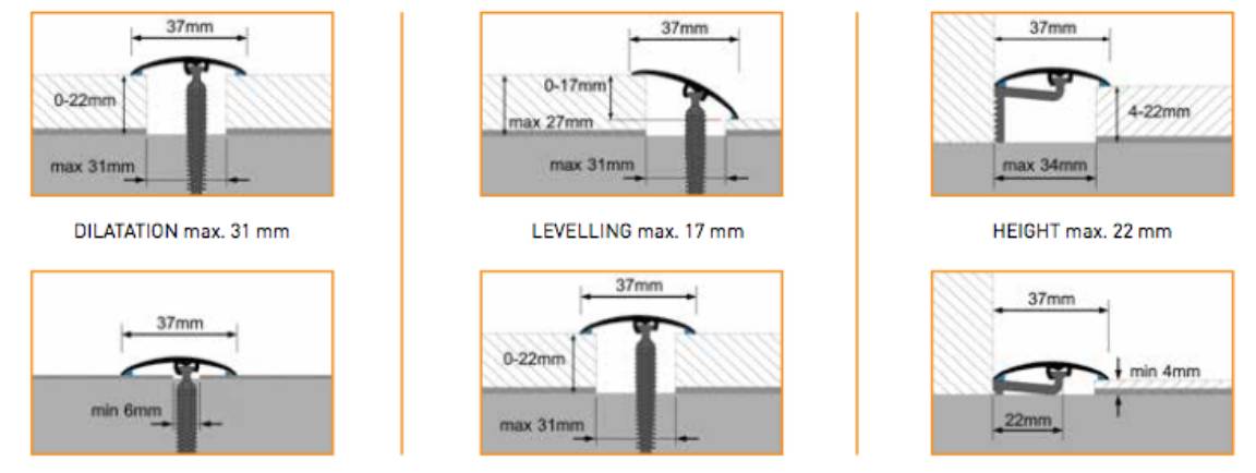 Profilo in Alluminio per parquet e laminati in 34 decori posa 2in1 da 93cm 3in1 (di compensazione o dilatazione , a scendere, di chiusura) (biadesivo e tasselli) - Eternal Parquet