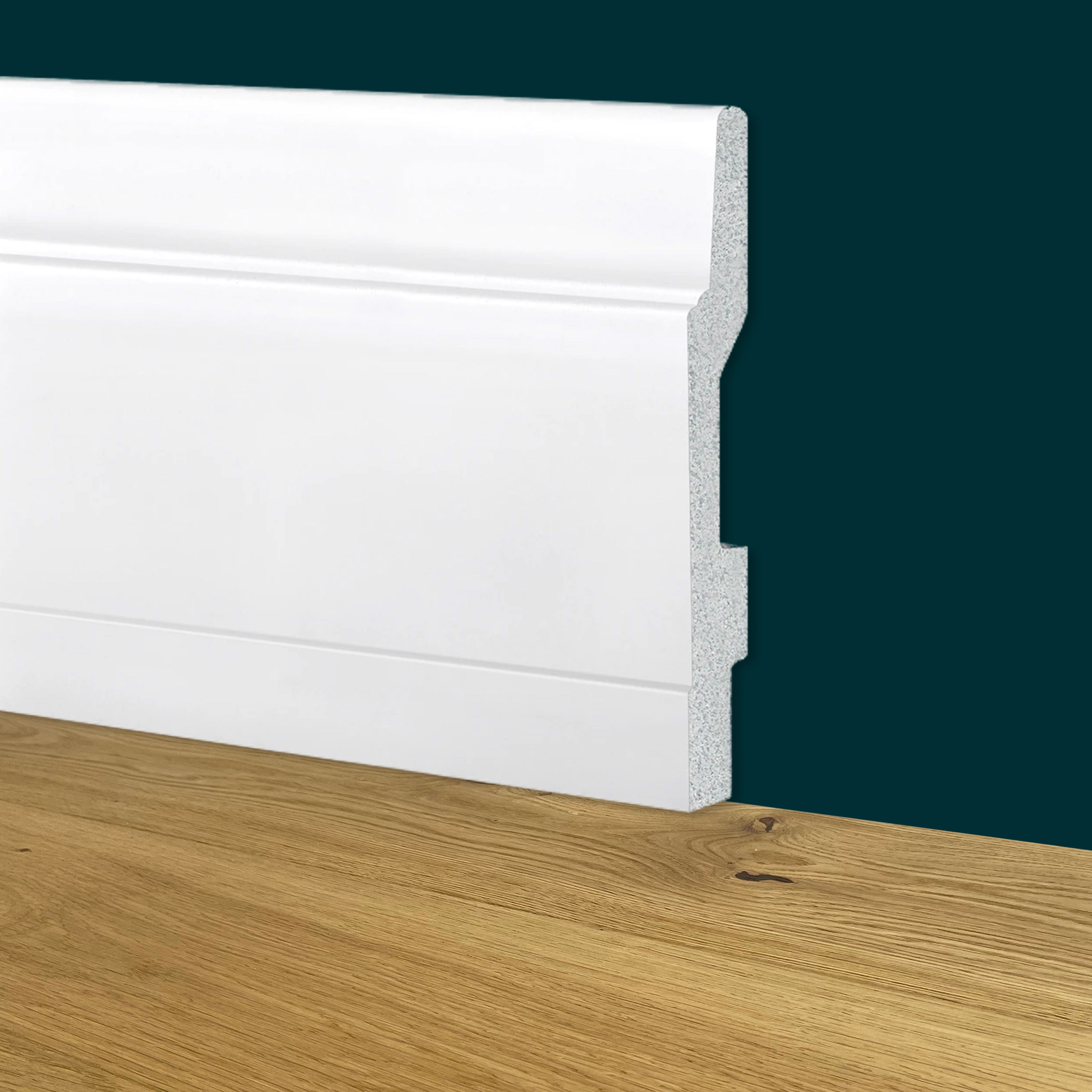 90ml bancale di Battiscopa Modernissimo BIANCO mod. DUBAI 130x15x2000mm in POLIMERI - Polistrutturato - Eternal Parquet