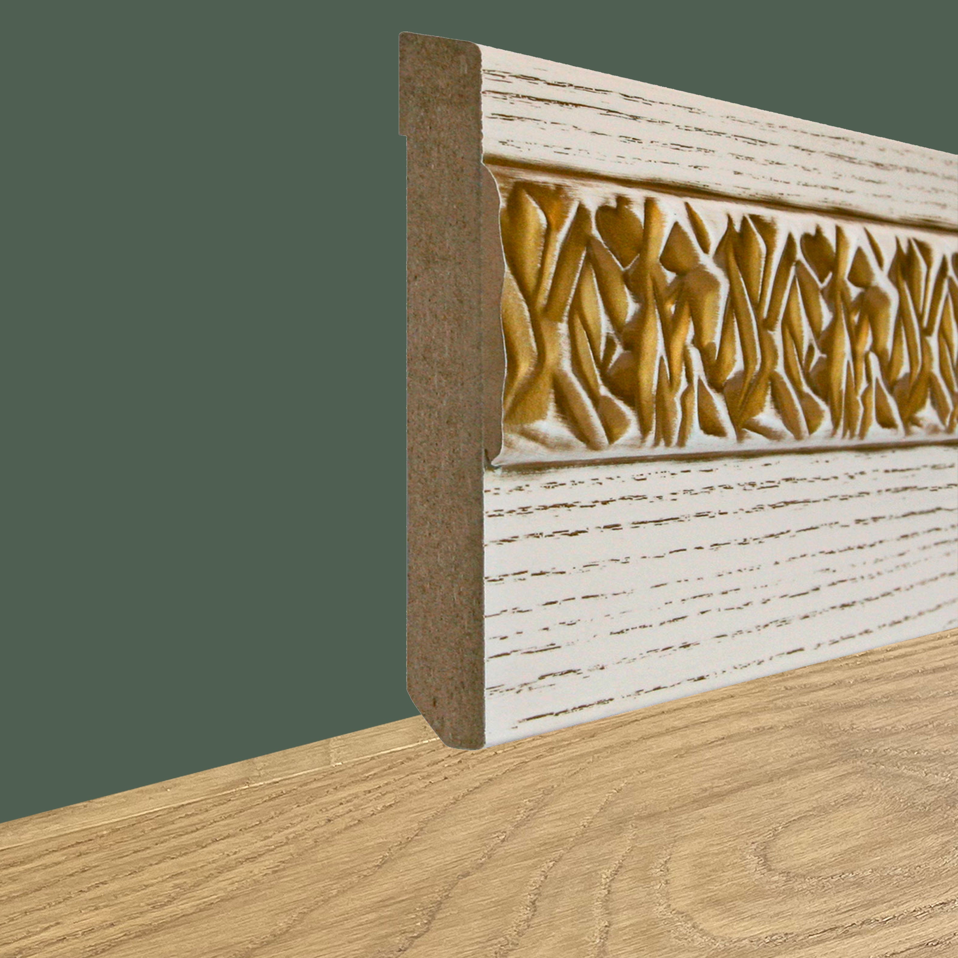 Battiscopa classico Fibra di Legno mod. OLYMPIA Bianco Antico con profilo ORO 120x15mm - Eternal Parquet