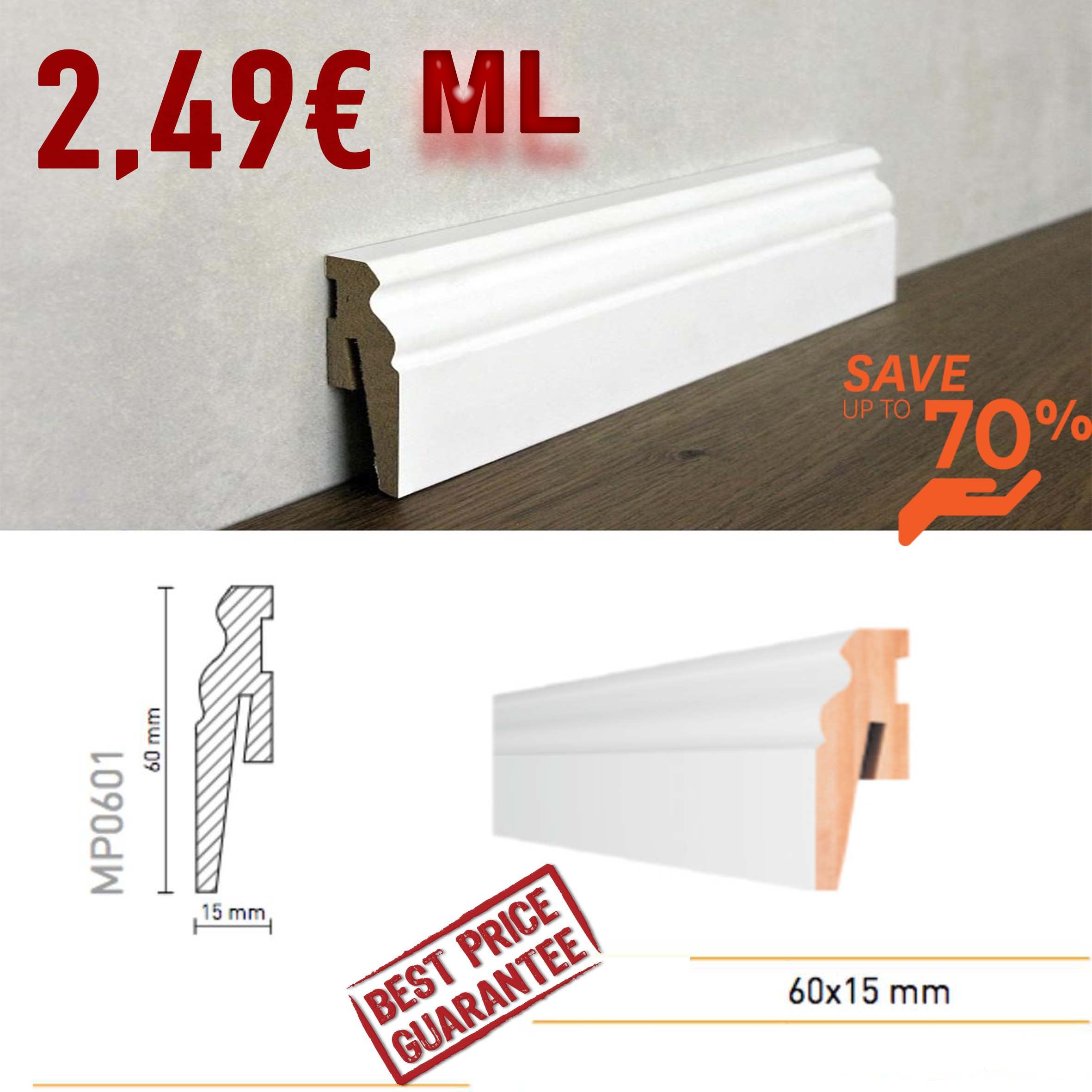 BATTISCOPA in MDF Zoccolino BIANCO DUCALE CLASSICO 60X15 (asta 2420mm) - Eternal Parquet