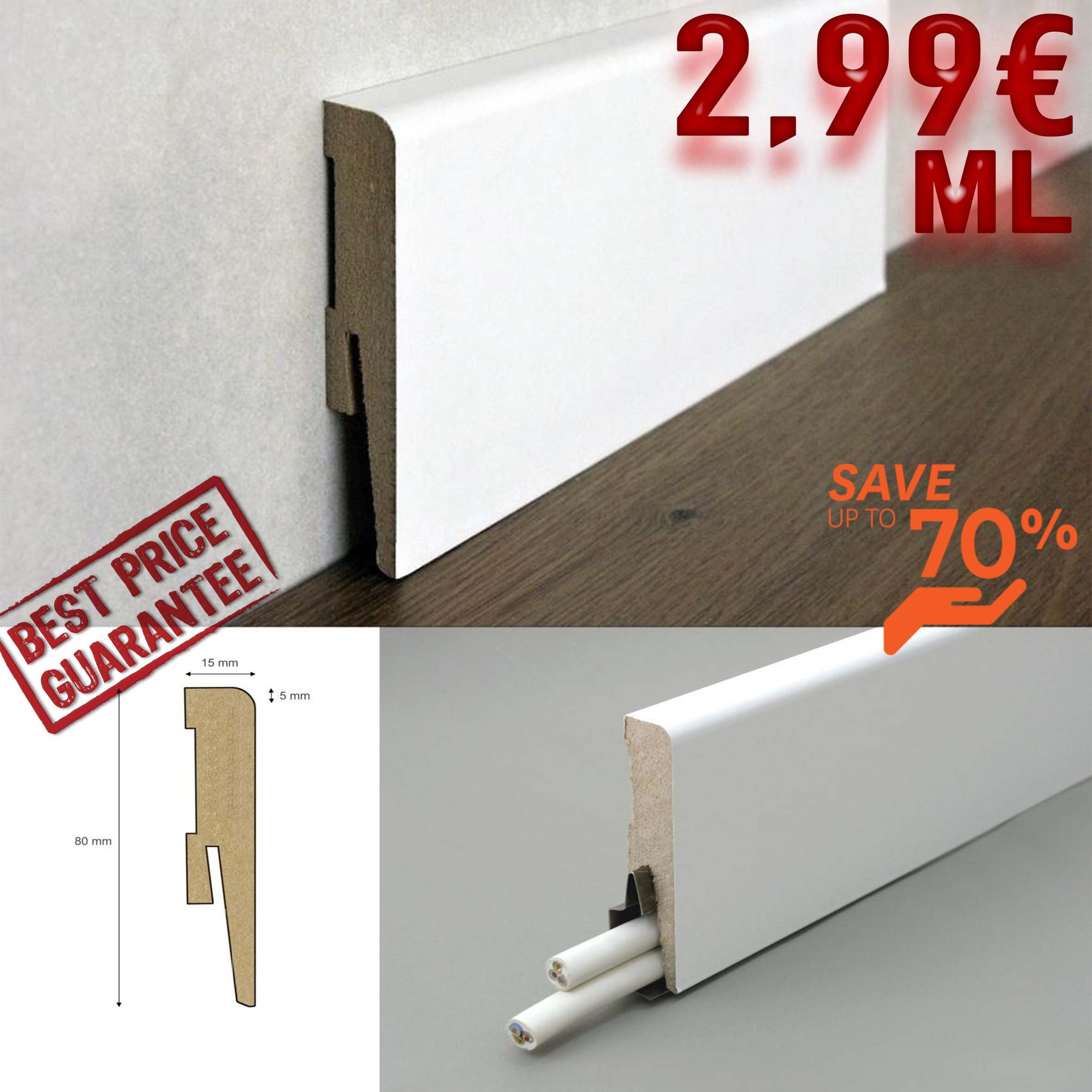 BATTISCOPA MODERNO Zoccolino SQUADRATO 80X15 (asta 2420mm) in MDF BIANCO - Eternal Parquet