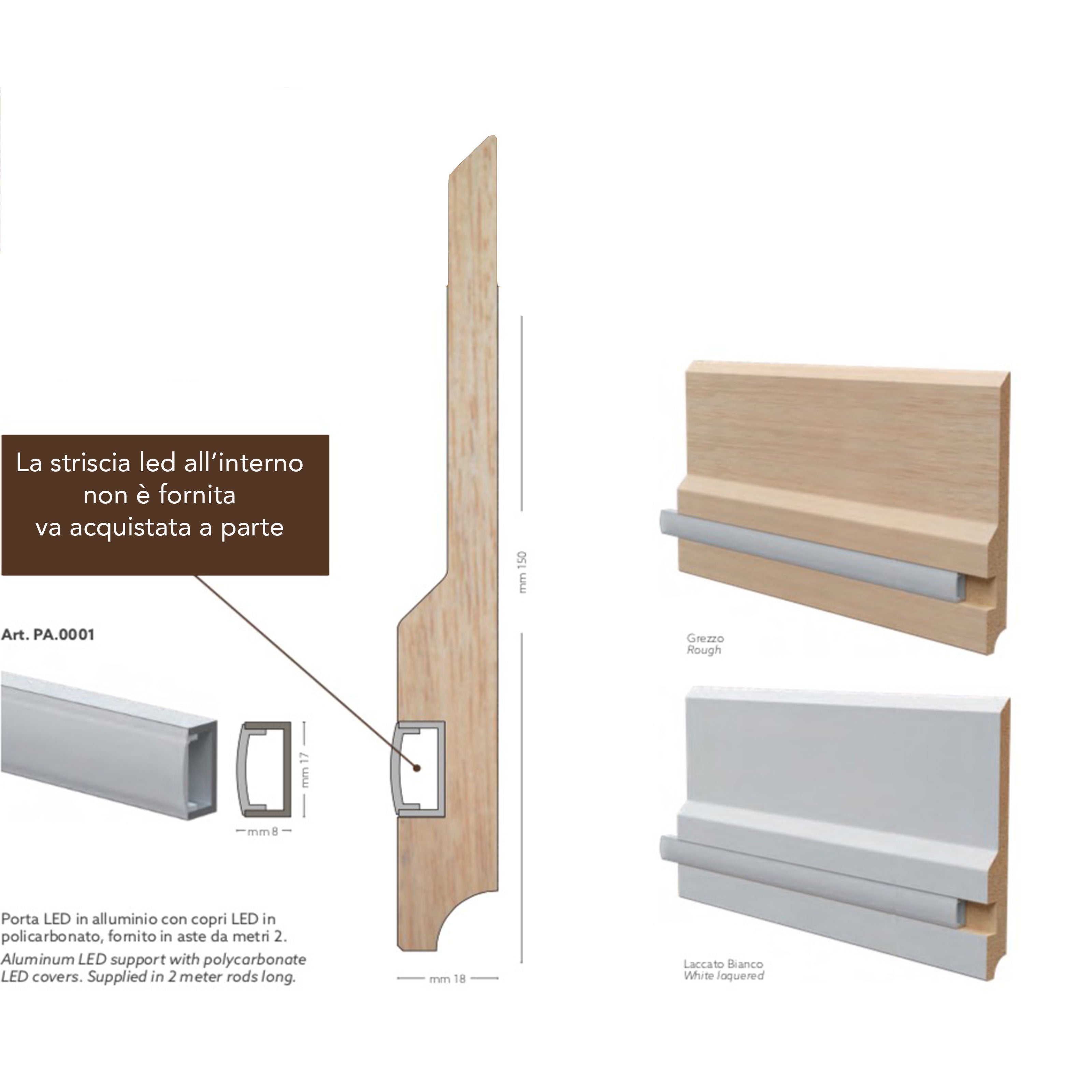 20ML o multipli di BATTISCOPA LED in legno MASSELLO mod. SKYLINE 150x18 + portaled Alluminio - Eternal Parquet