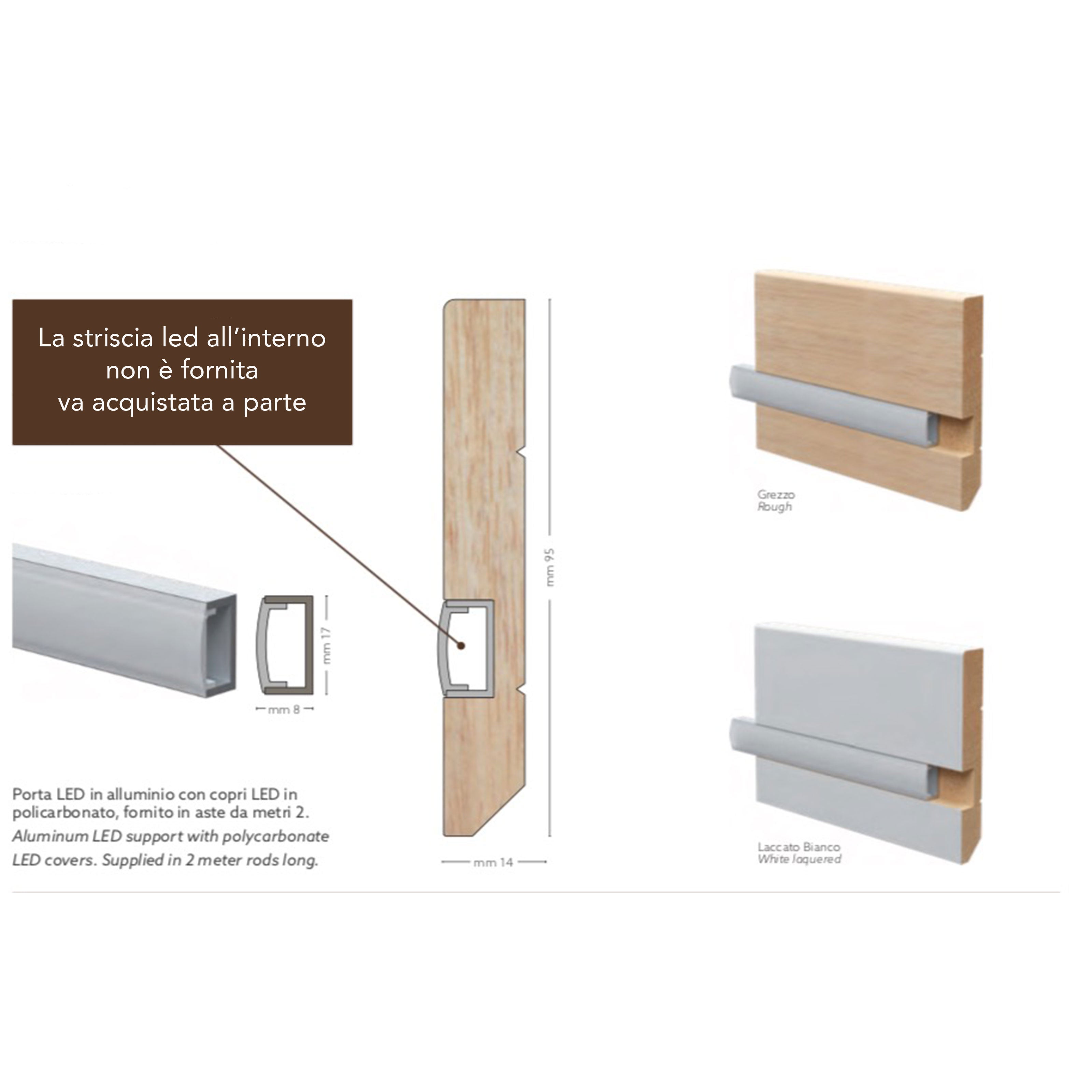 28ML o multipli di BATTISCOPA LED squadrato in legno MASSELLO 95x14 + portaled Alluminio - Eternal Parquet