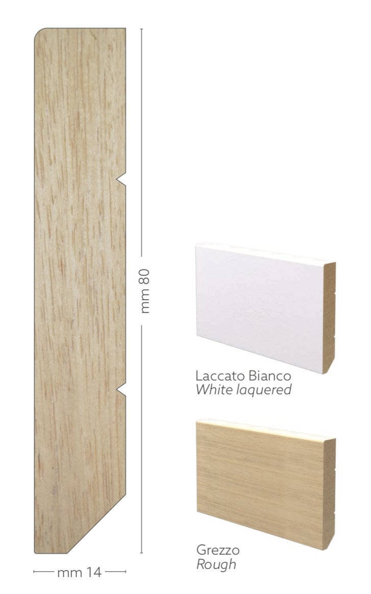 BATTISCOPA ZOCCOLINO in legno MASSELLO QUADRO SQUADRATO 80X14 BIANCO O GREZZO - Eternal Parquet