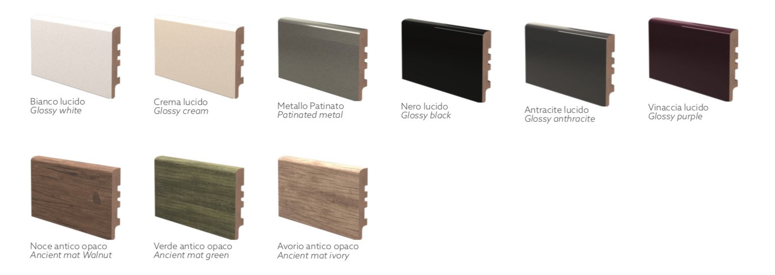 BATTISCOPA ZOCCOLINO PASSACAVO GLOSSY LUCIDO ANTICO OPACO 82X15 nero, crema ecc - Eternal Parquet