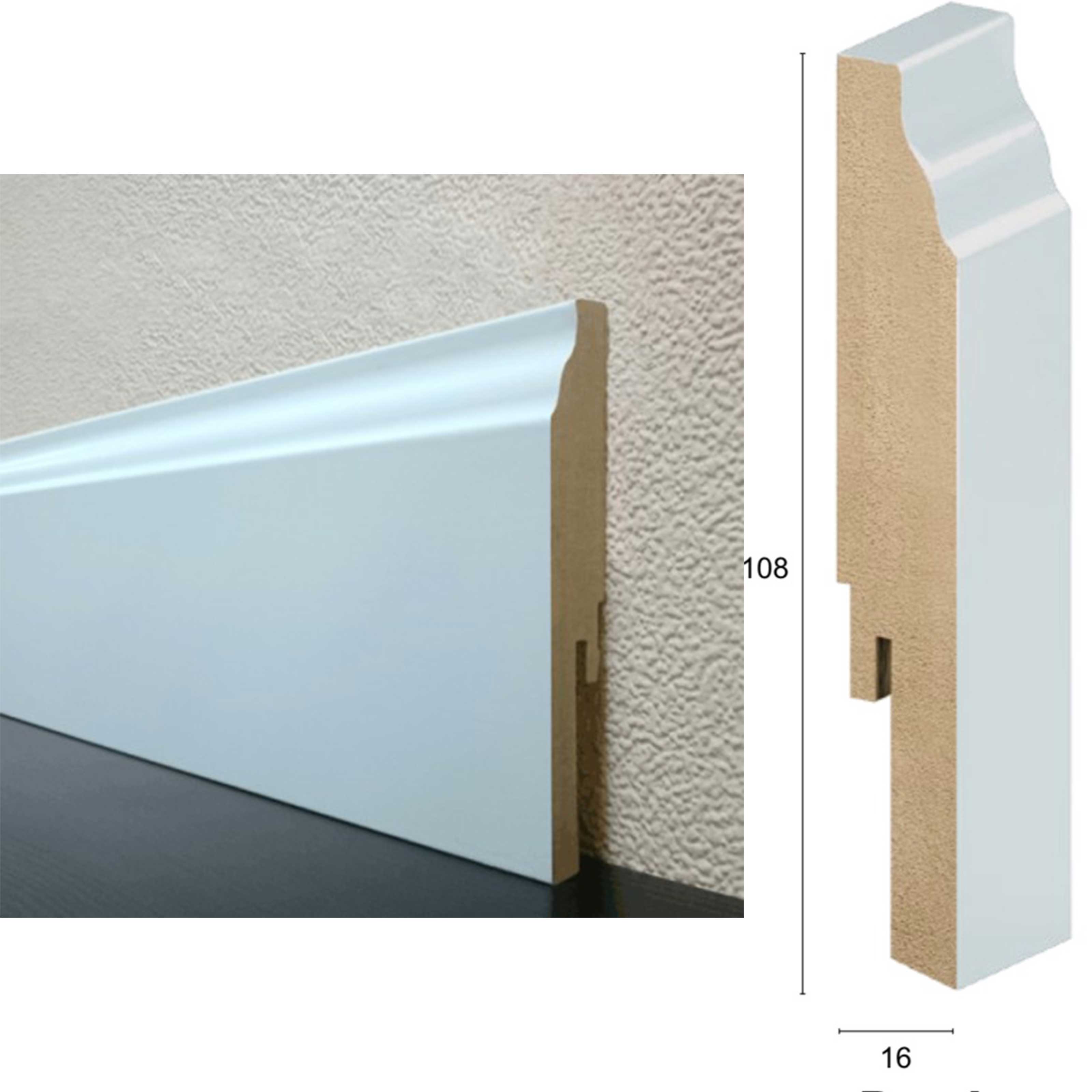 100,8Ml di BATTISCOPA ZOCCOLINO in FIBRA DI LEGNO CORINZIO CLIP&GO 108X16 Bianco con clip e angoli - Eternal Parquet