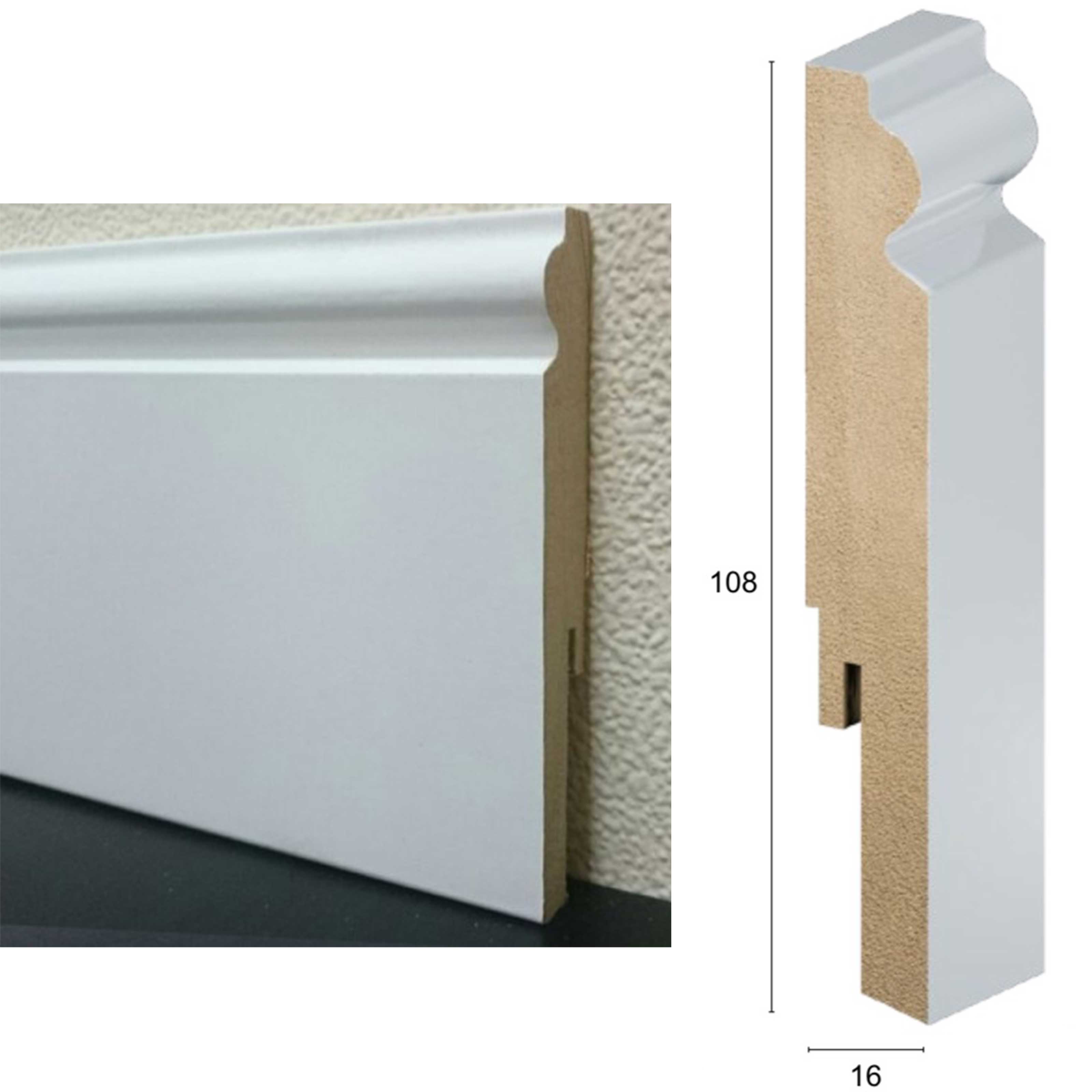 100,8Ml di BATTISCOPA ZOCCOLINO in FIBRA DI LEGNO GOTICO CLIP&GO 108X16 Bianco con clip e angoli - Eternal Parquet