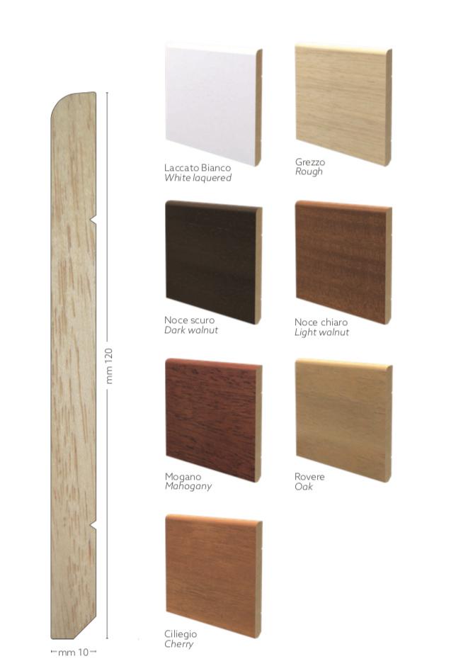 BATTISCOPA in legno MASSELLO Zoccolino BECCO DI CIVETTA 120X10 VARI COLORI - Eternal Parquet