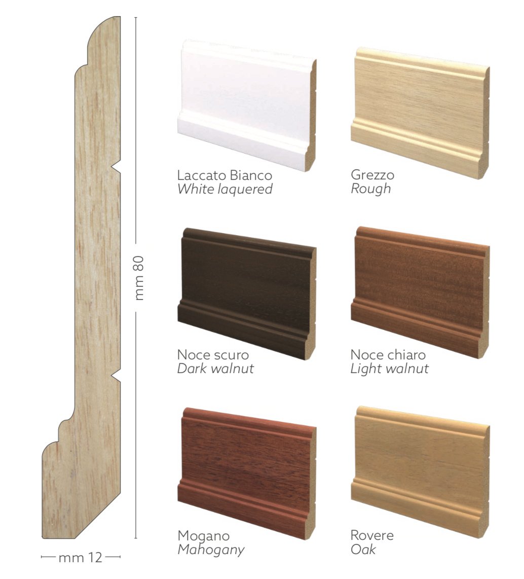 BATTISCOPA in legno Zoccolino MASSELLO ALTO MOD. MILANESE 80X12 VARI COLORI - Eternal Parquet