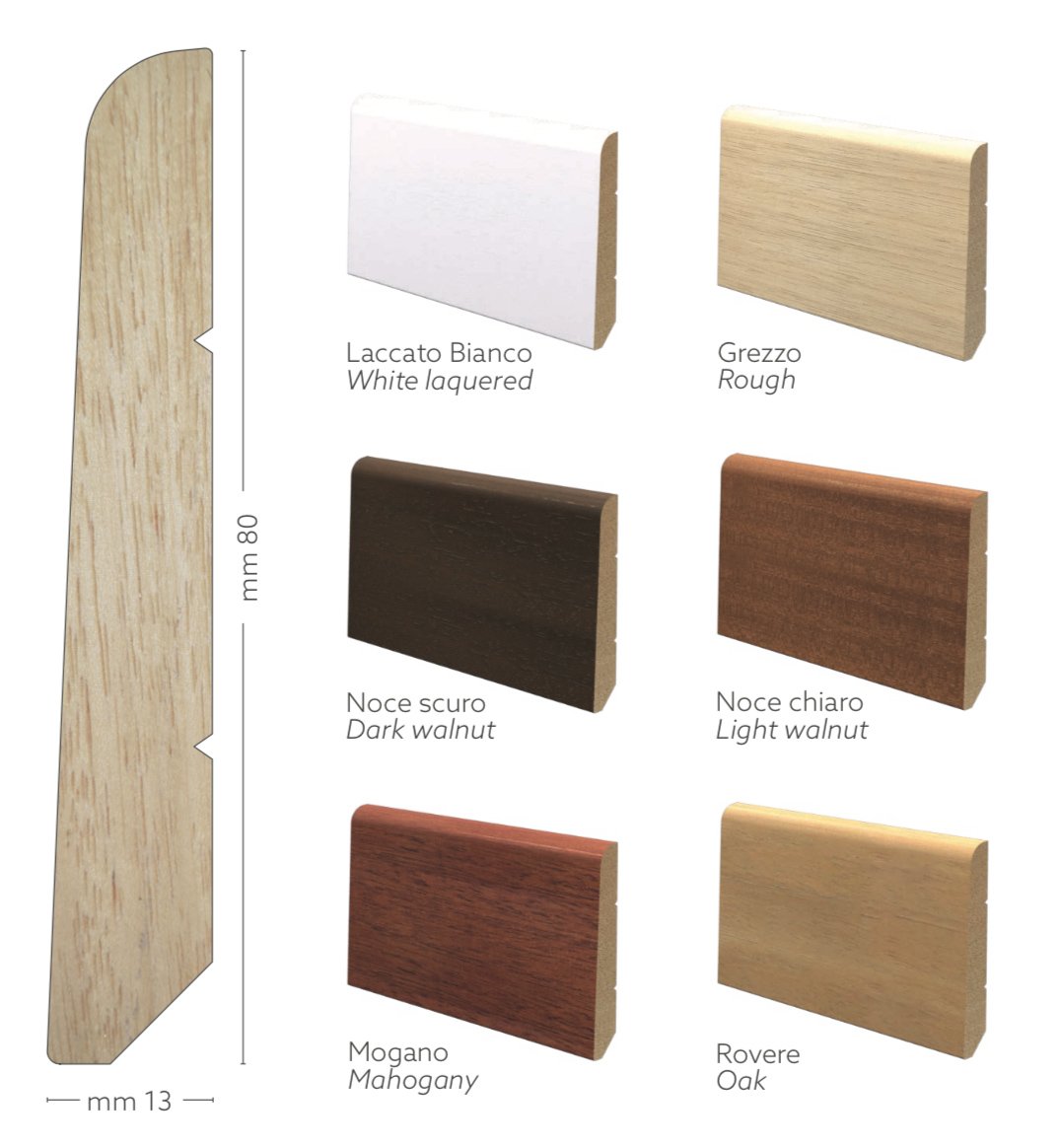 BATTISCOPA in legno Zoccolino MASSELLO FURBO INCLINATO BC 80X13 VARI COLORI - Eternal Parquet