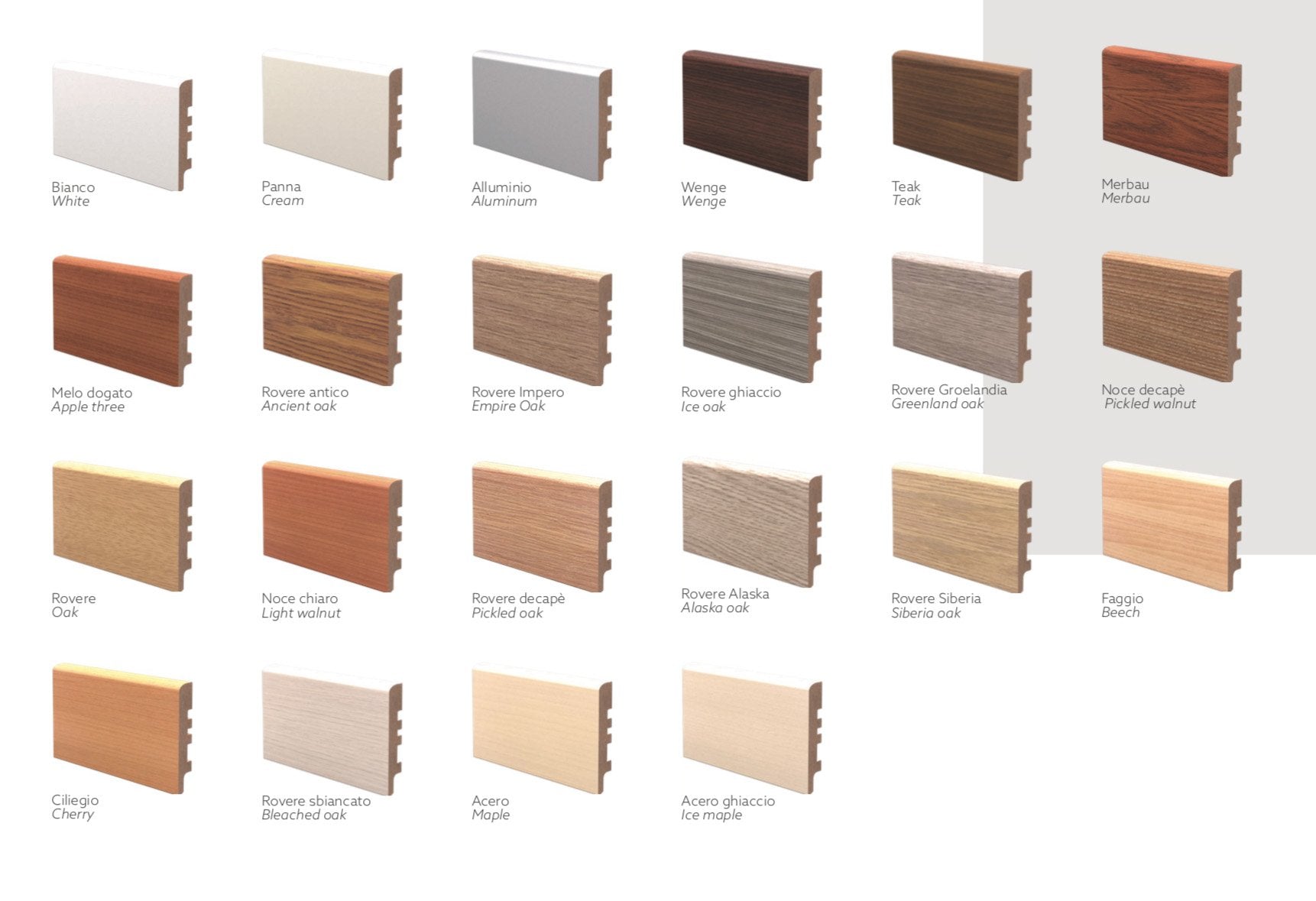 Battiscopa ZOCCOLINO Passacavo ECONOMICO (MDF) 82X15 Bianco, Avorio + 22 essenze - Eternal Parquet