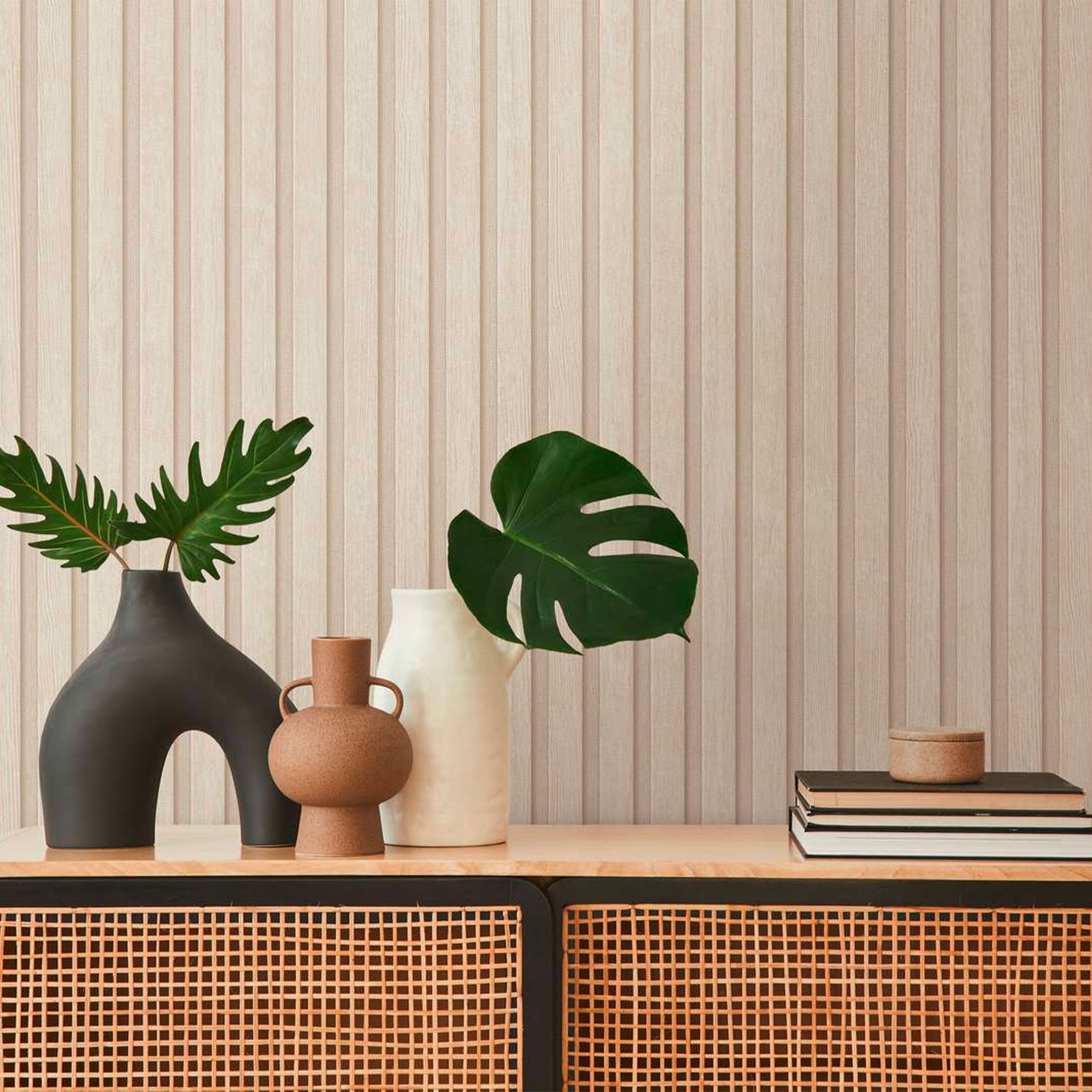 Rotolo da 5 mq di Carta da Parati LAMELLI LEGNO MILLERIGHE 3D effetto Boiserie CREAM - Eternal Parquet