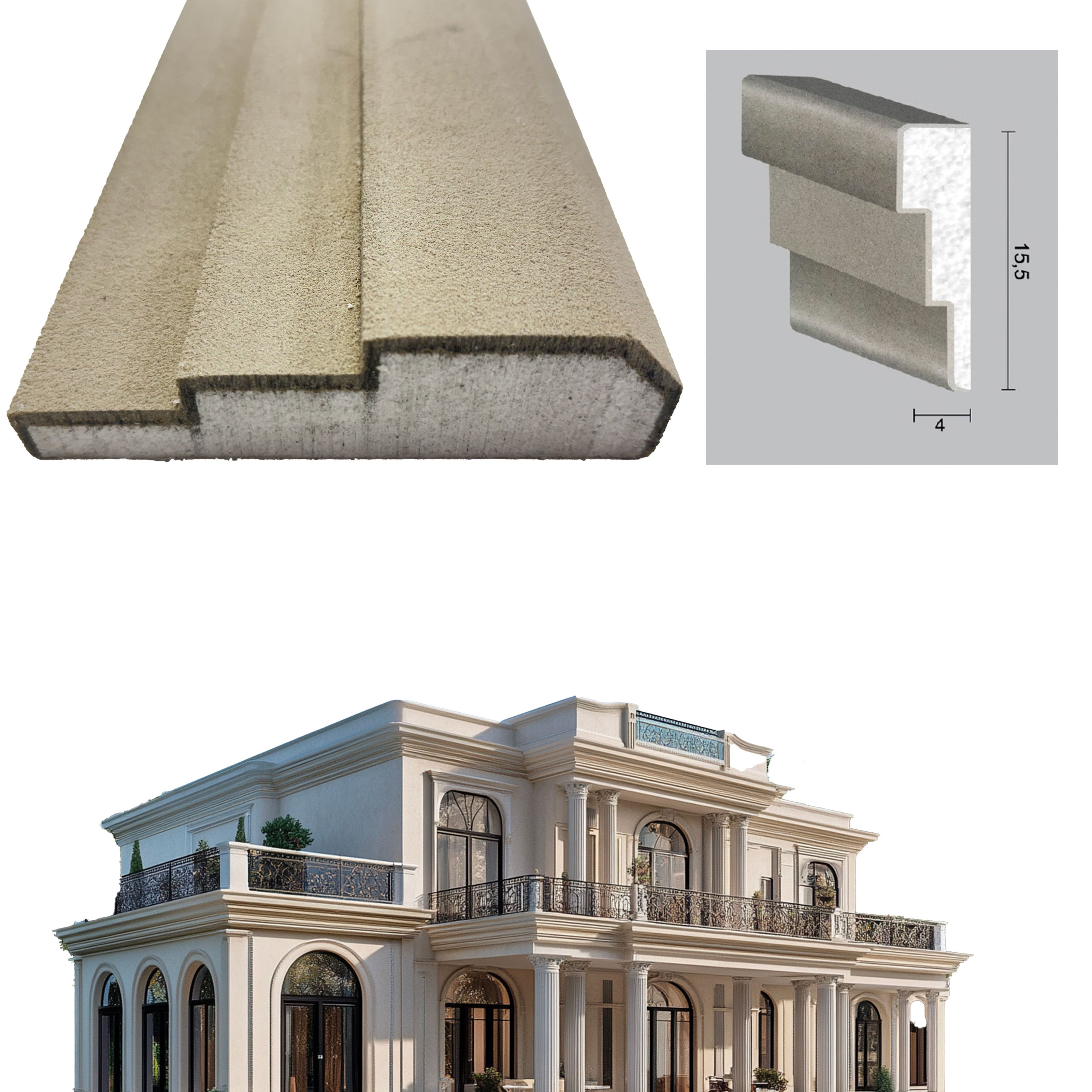 €13,99ml *** STOCK *** Pacco da 8ml di cornice decorativa in XPS Resinata per esterno 15,5x4x200cm PD125