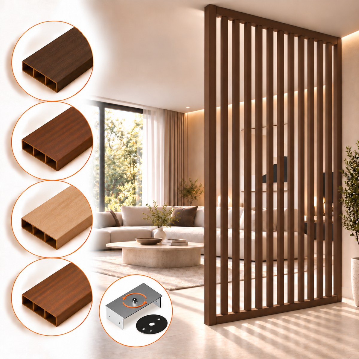 SIPA SLIM Kit completo (13 toghe+2 basi orizzontali+staffe GIREVOLI) Divisorio Frangiluce in PVC Effetto Legno – rifilabile  1205x2900mm
