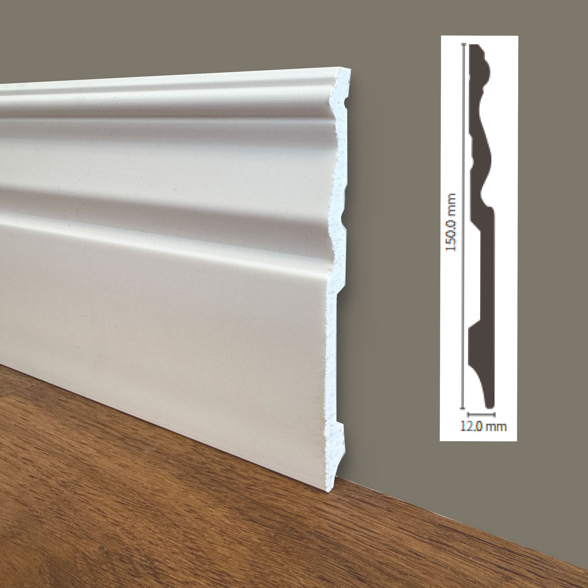 bancale da 100ml di Battiscopa ROMANTICO in POLIMERI linea BASICBOARD  150x12mm - BIANCO pitturabile - Eternal Parquet