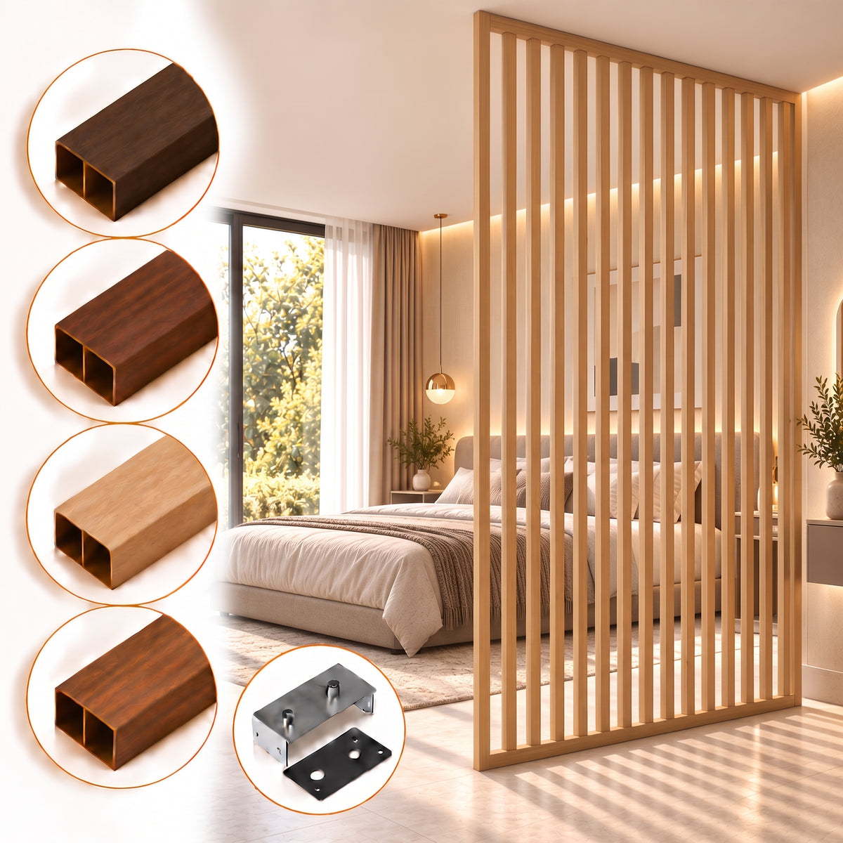 SIPA PURE Kit completo (16 toghe+2 basi orizzontali+staffe fisse) Divisorio Frangiluce in PVC Effetto Legno – rifilabile  1550x2900mm