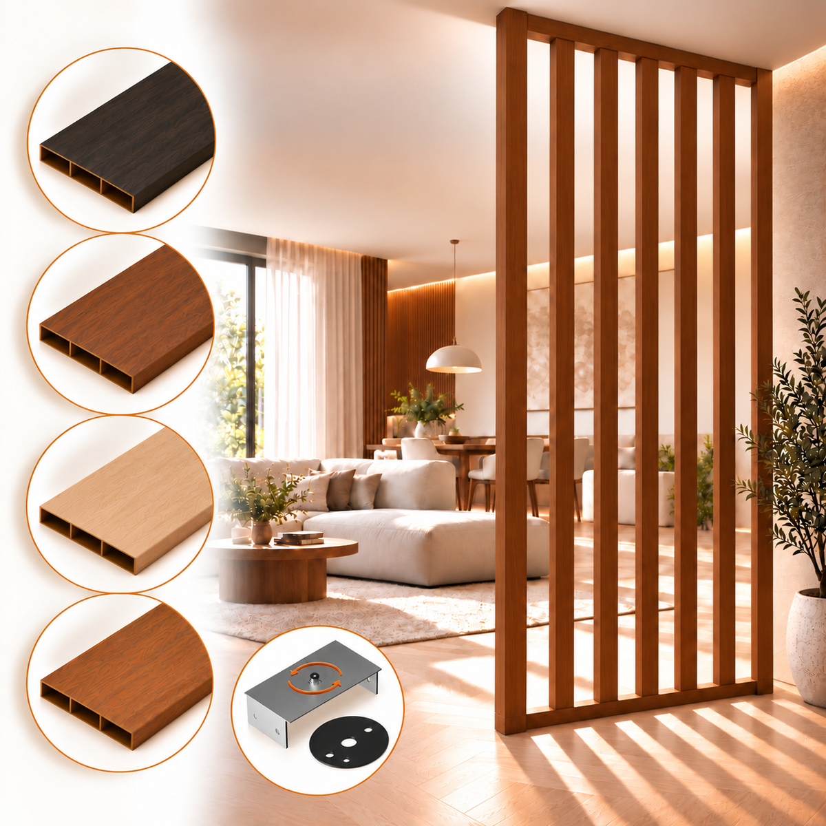 SIPA SLIM Kit completo (7 toghe+2 basi orizzontali+staffe GIREVOLI) Divisorio Frangiluce in PVC Effetto Legno – rifilabile  645x2900mm - Eternal Parquet
