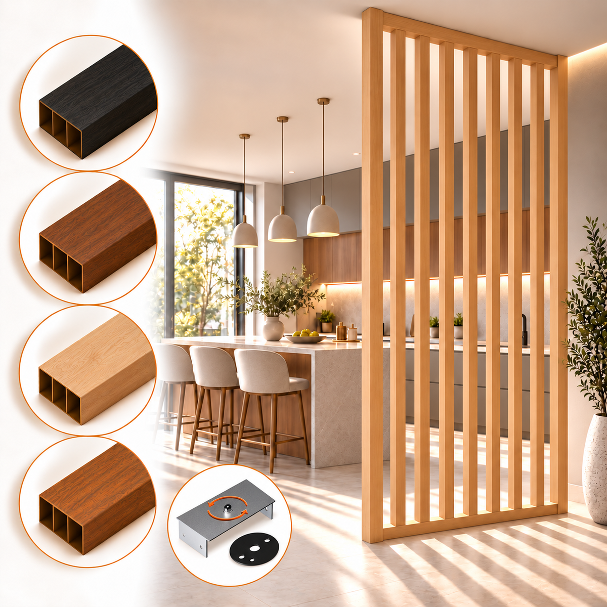 SIPA BOLD Kit completo (9 toghe+2 basi orizzontali+staffe GIREVOLI) Divisorio Frangiluce in PVC Effetto Legno – rifilabile  910x2900mm
