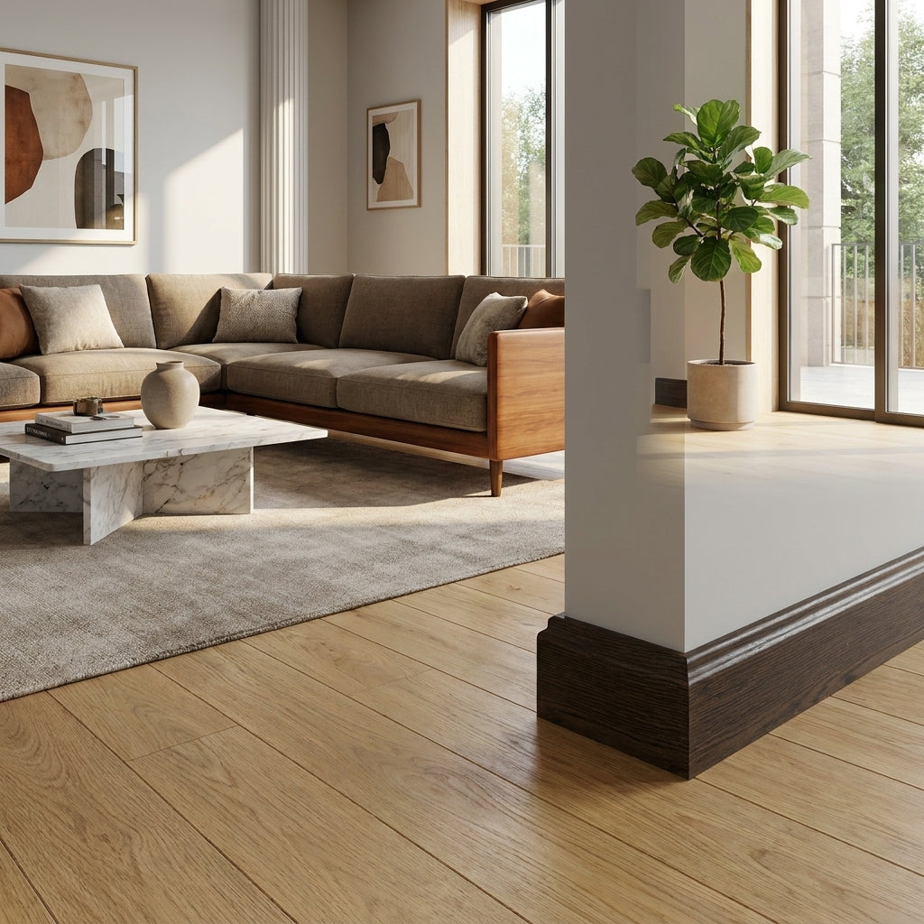 BATTISCOPA DUCALE in legno MASSELLO impiallacciato VERO LEGNO DI ROVERE T.NOCE SCURO  80x15 verniciato opaco poro aperto (prezzo al metro) - Eternal Parquet