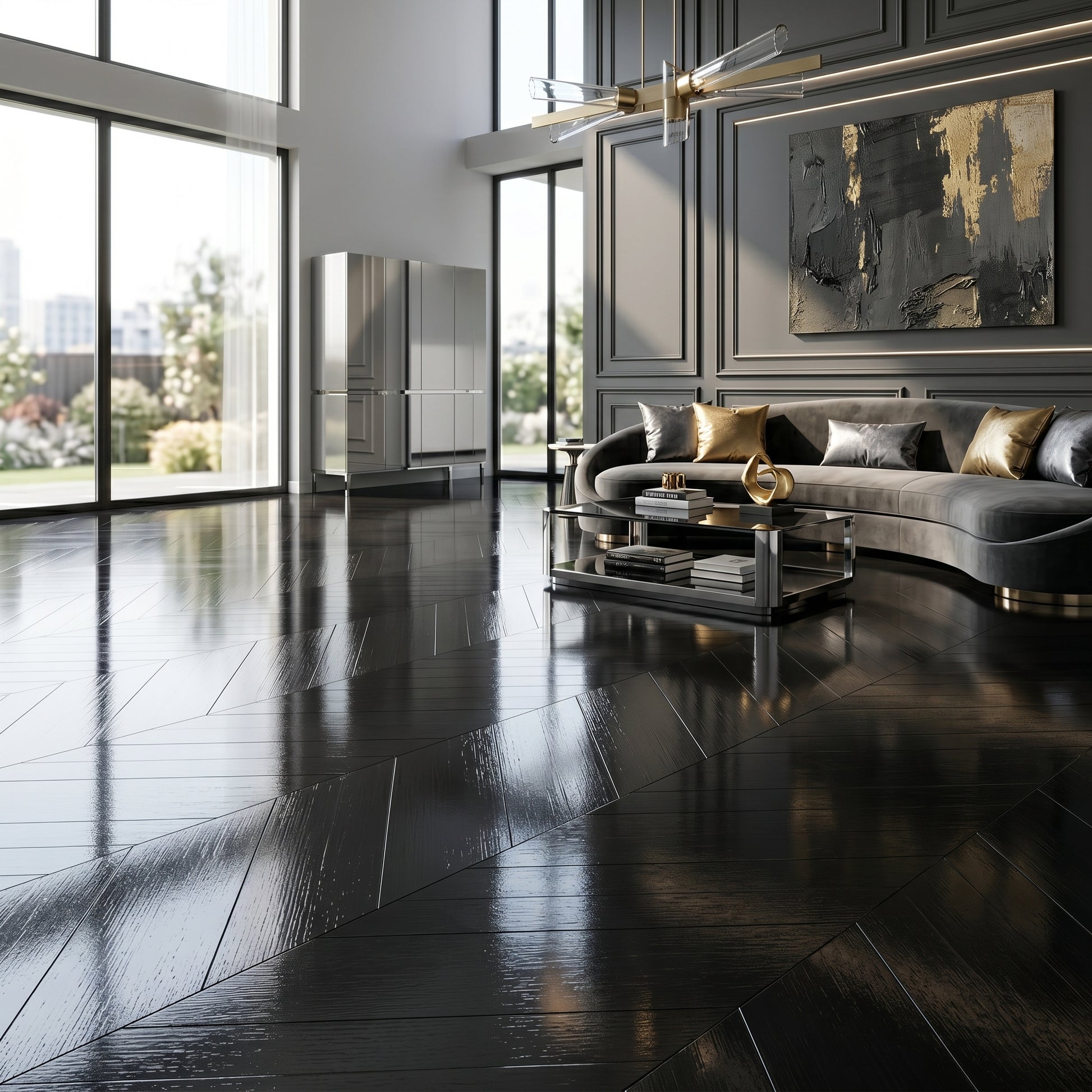 €33,90mq * STOCK GARBELOTTO * Lotto da 48mq di Spina Francese ROVERE NERO LUCIDO spazz. 14x150x690 (4mm nobile) - Eternal Parquet