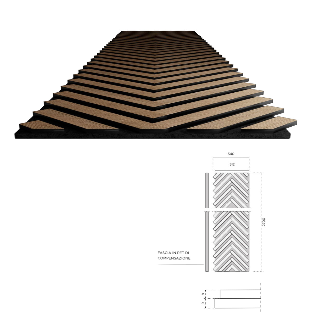 Pannello acustico professionale decorativo Spina Italiana 2700x540x17mm in VERO LEGNO+Pet+Mdf "varie essenze" - Eternal Parquet