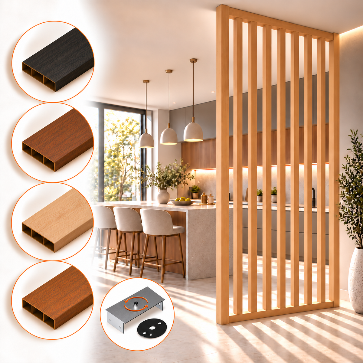 SIPA SLIM Kit completo (9 toghe+2 basi orizzontali+staffe GIREVOLI) Divisorio Frangiluce in PVC Effetto Legno – rifilabile  805x2900mm - Eternal Parquet
