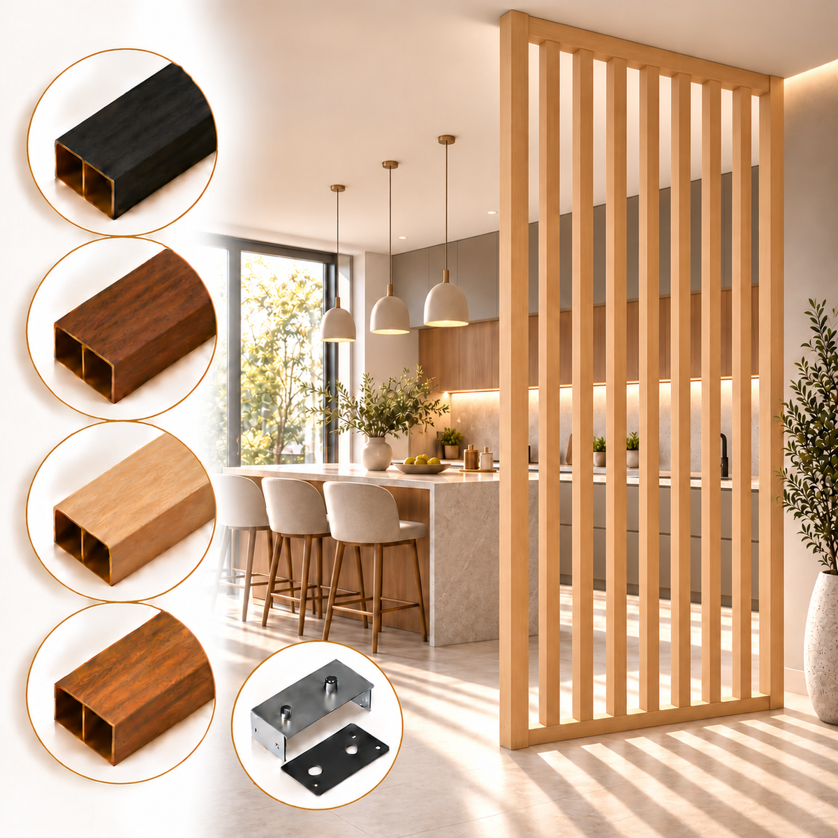 SIPA PURE Kit completo (9 toghe+2 basi orizzontali+staffe fisse) Divisorio Frangiluce in PVC Effetto Legno – rifilabile  850x2900mm