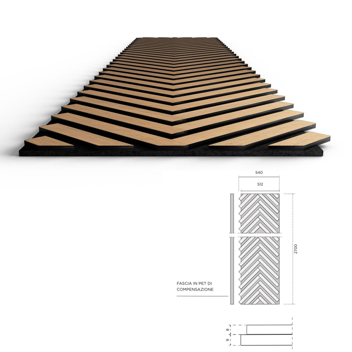 Pannello acustico professionale decorativo Spina Italiana 2700x540x17mm in VERO LEGNO+Pet+Mdf "varie essenze" - Eternal Parquet