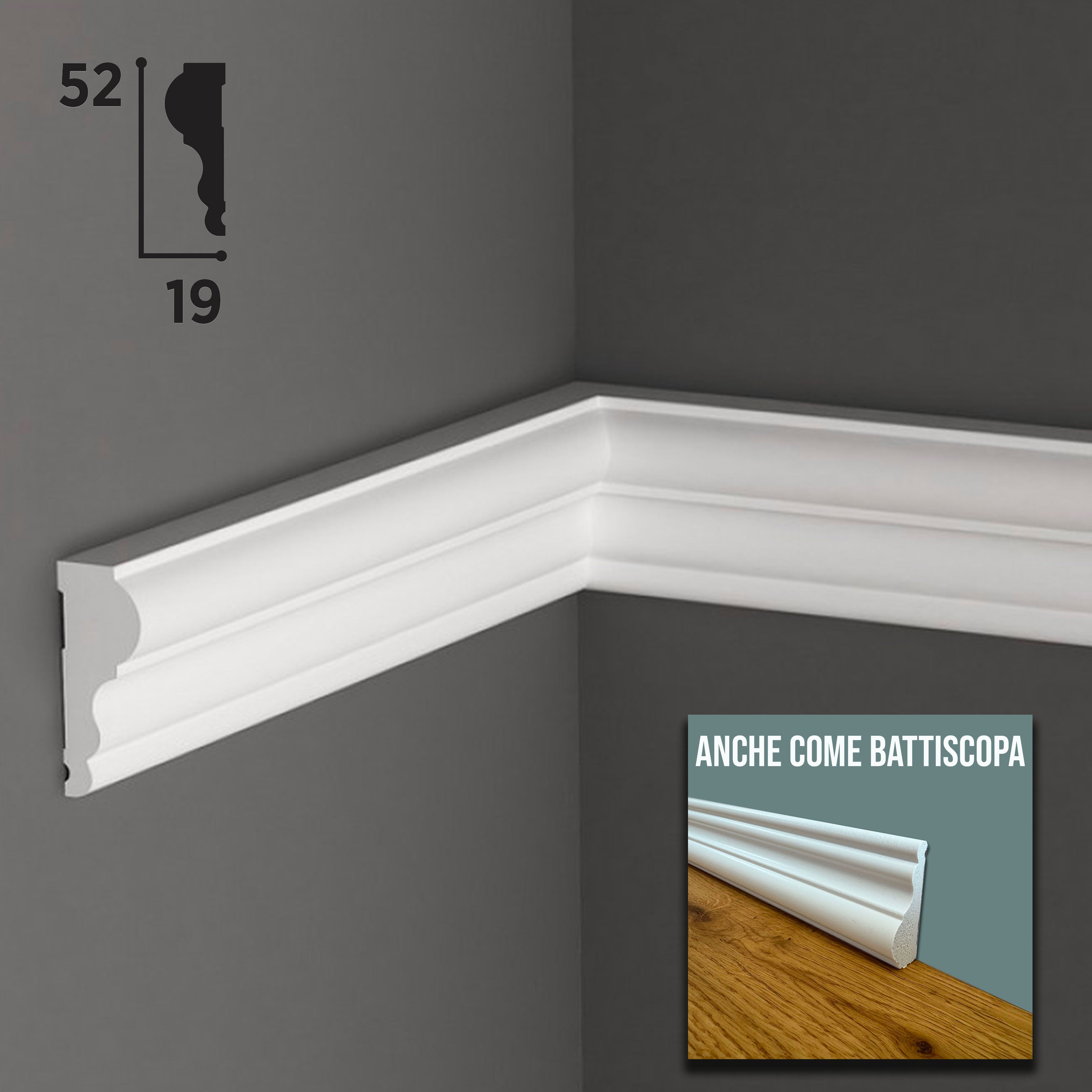 TORO per boiserie o Battiscopa in POLIMERI FeelingWood-HD 52x19mm - BIANCO (prezzo al metro) - Eternal Parquet