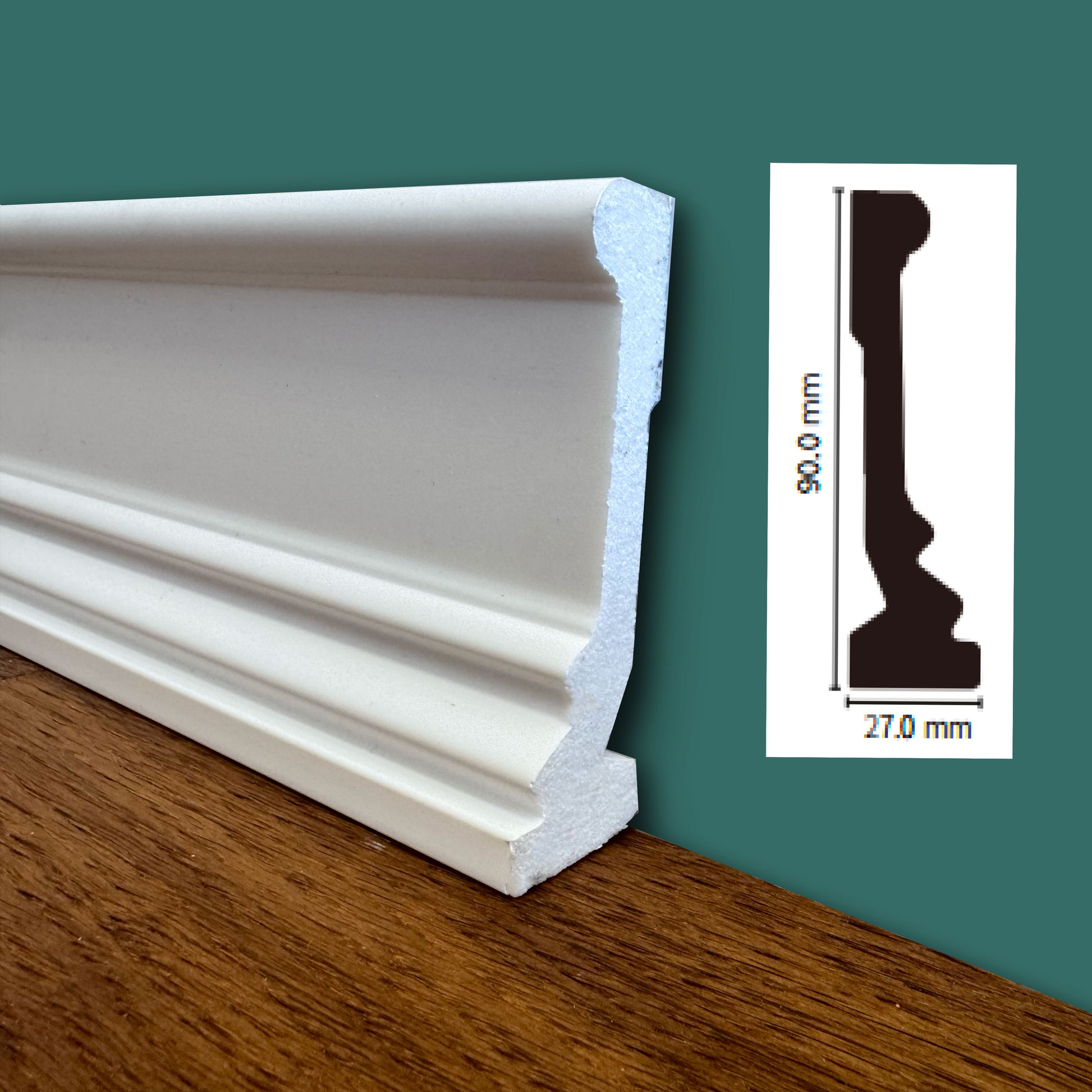 (massimo spessore) Battiscopa in POLIMERI linea BASICBOARD  90x27mm - BIANCO pitturabile (prezzo al metro) - Eternal Parquet