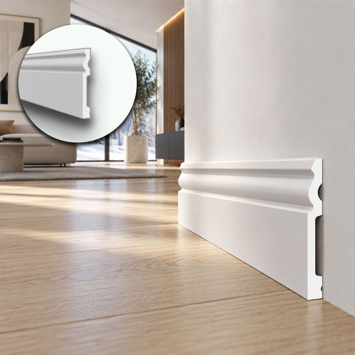 Battiscopa RESISTO in polimeri extracompatti mod. DUCALE Bianco mis. 120x15mm (prezzo al metro)