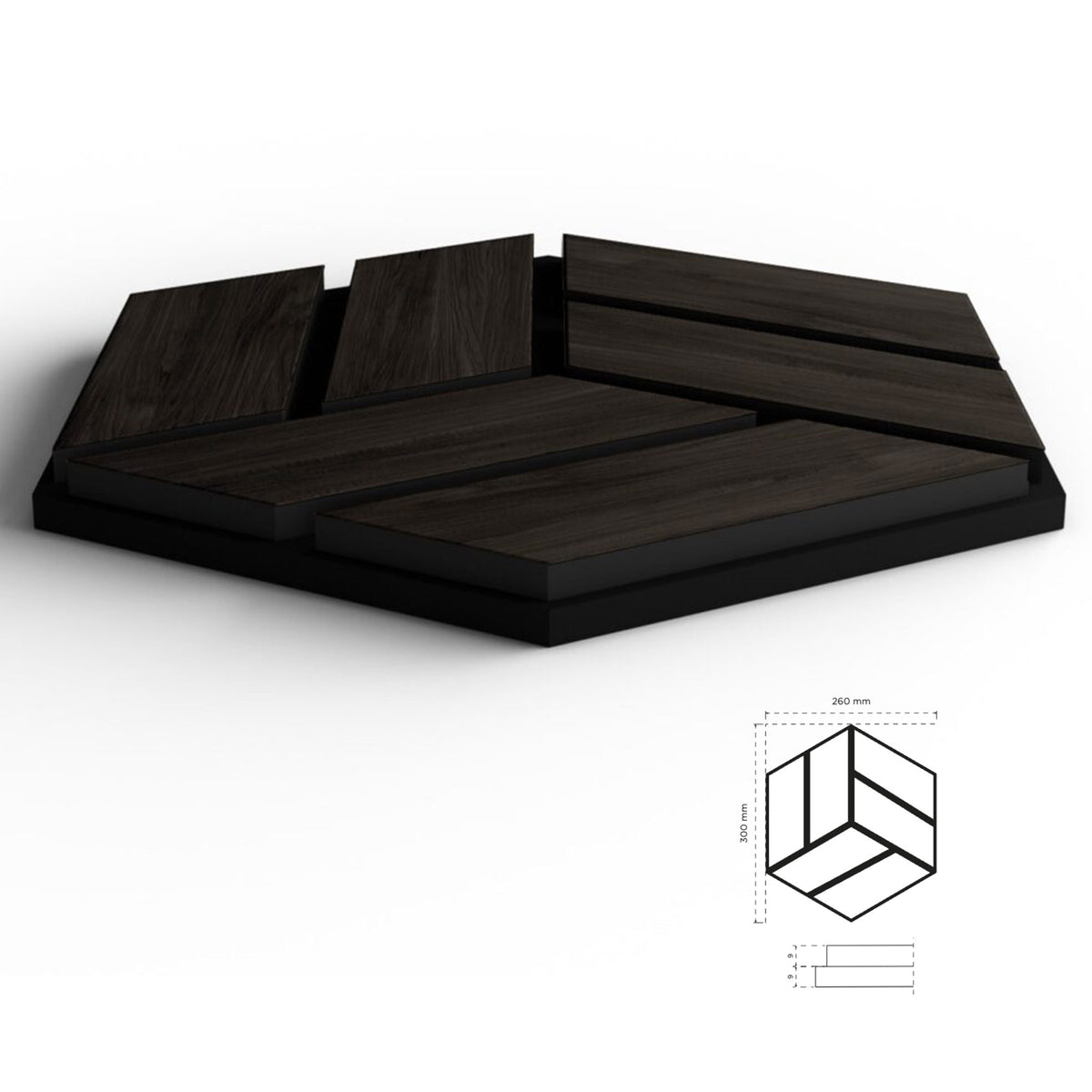 Pannello acustico professionale decorativo Esagonale 300x260x18mm in VERO LEGNO+Pet+Mdf "varie essenze" - Eternal Parquet