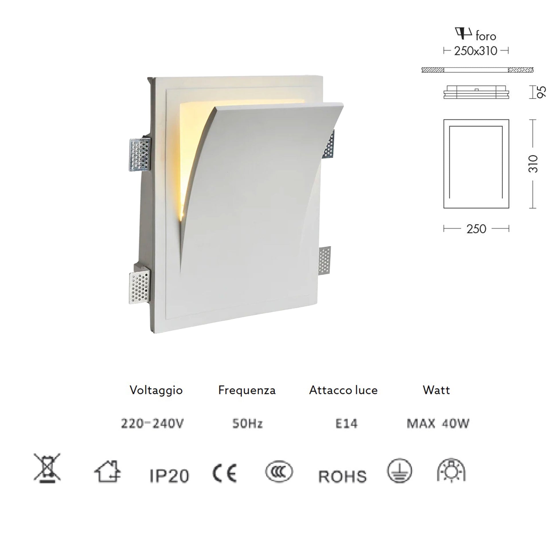 *STOCK* Portafaretto In Gesso Ceramico ad incasso 250x310x95mm 40W GU10 IP20 - Eternal Parquet