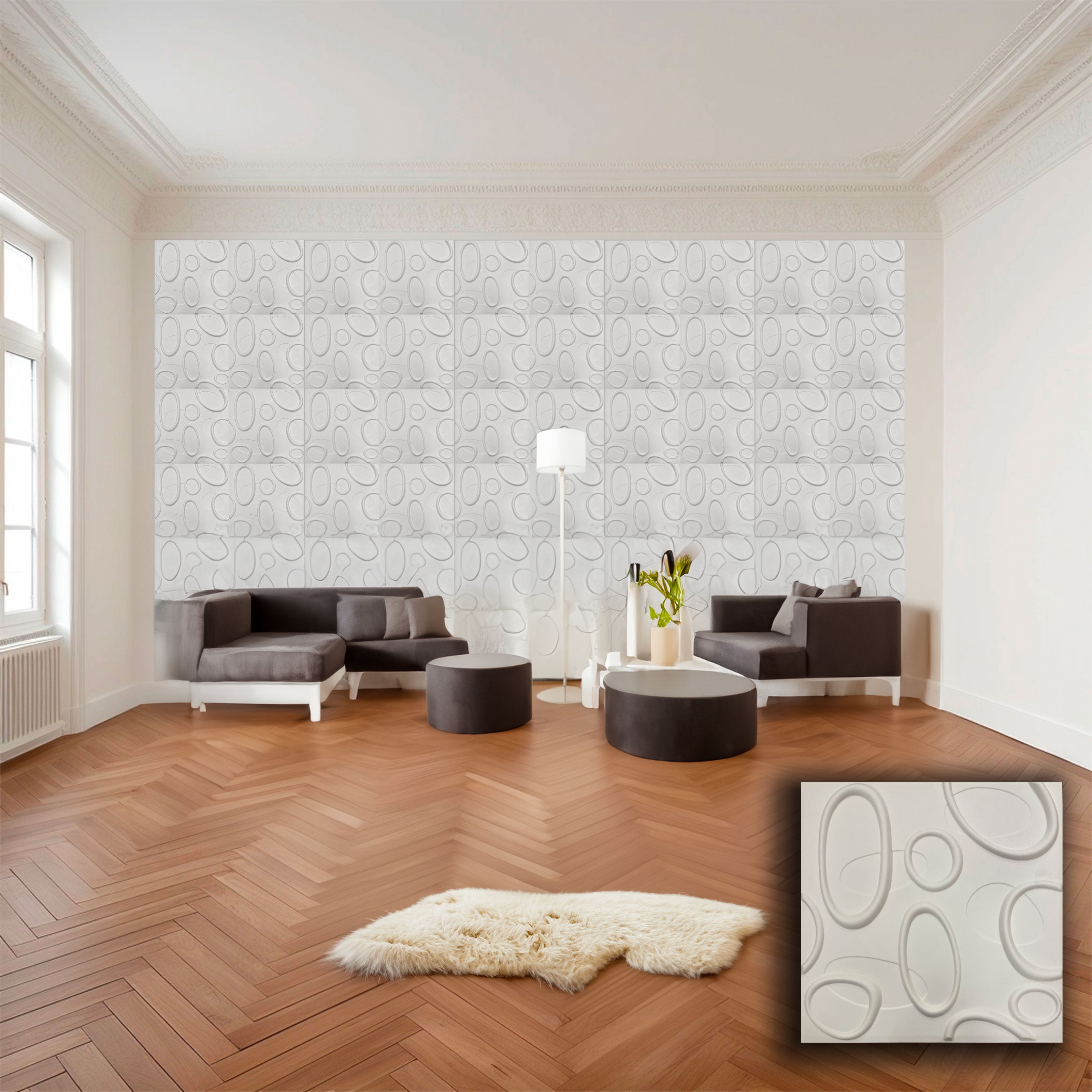 €1,99 Pannello in fibra naturale a parete 3D, rivestimento di lusso 3D 50X50cm BIANCO verniciabile ELLISSI - Eternal Parquet