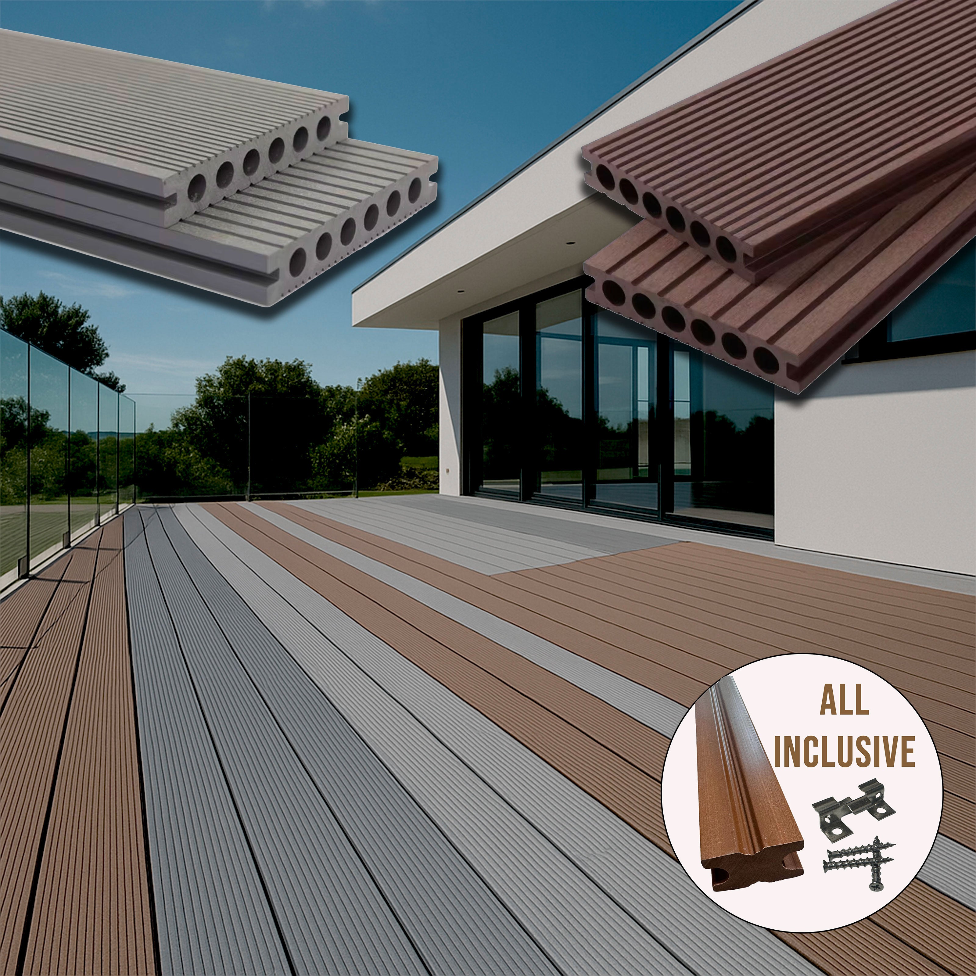 (€39,90mq) KIT 1,218mq di Decking WPC 40×25×2900mm Coffee o Grey doppia faccia Inclusi Magatelli - clip acciaio e viti - Eternal Parquet