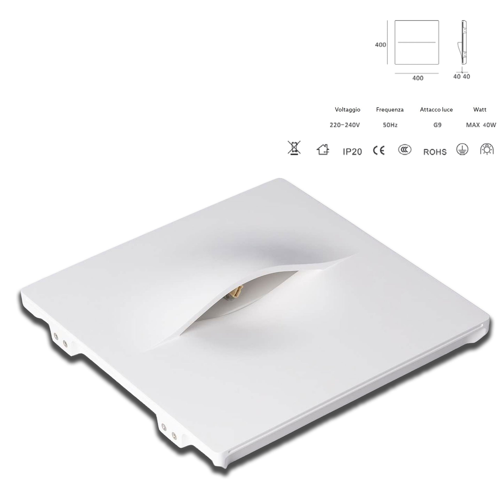 *STOCK* Portafaretto In Gesso Ceramico ad incasso TASCA 400x400mm  40W G9 IP20 - Eternal Parquet