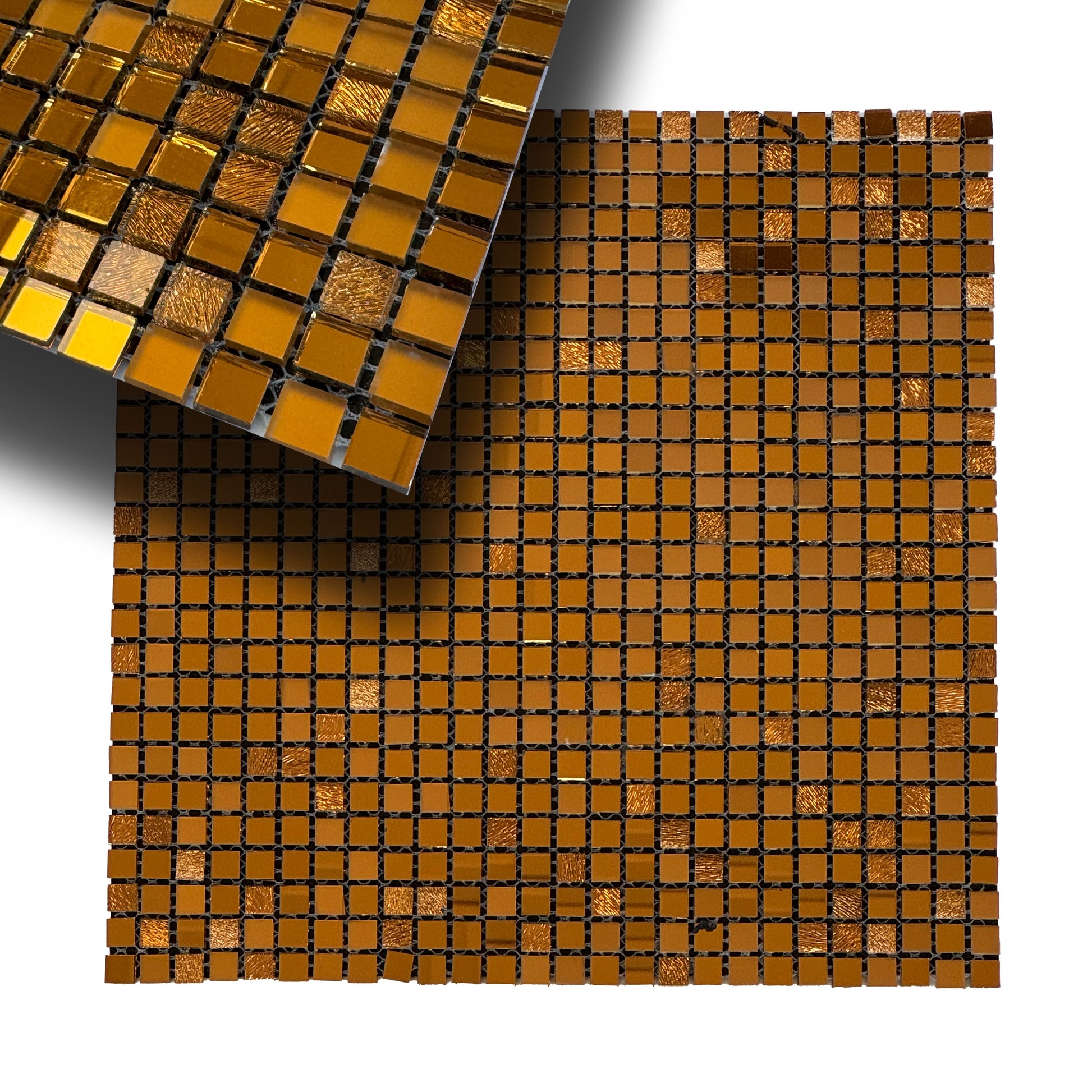 TOP di GAMMA! Piastrella autoadesiva in VETRO lucido mosaico 30x30cm (sp. 3mm) color ORO, idrofobo. - Eternal Parquet