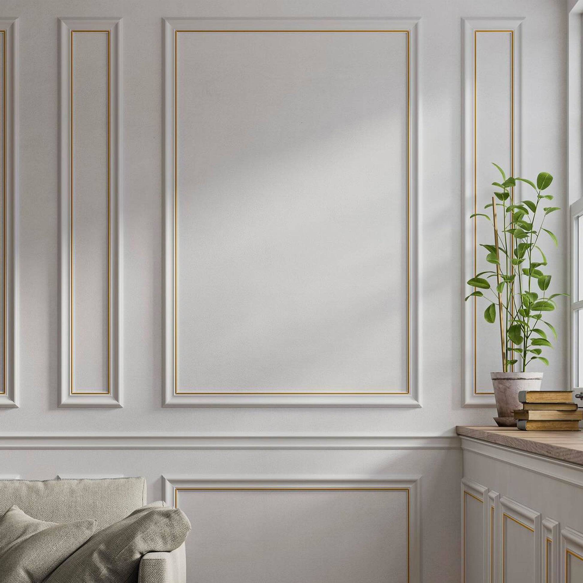 4 barre intere PRETAGLIATE AD ANGOLO per Bugna Boiserie in polimeri linea GOLD (doppio filo oro) ral 9010 varie dimensioni - Eternal Parquet