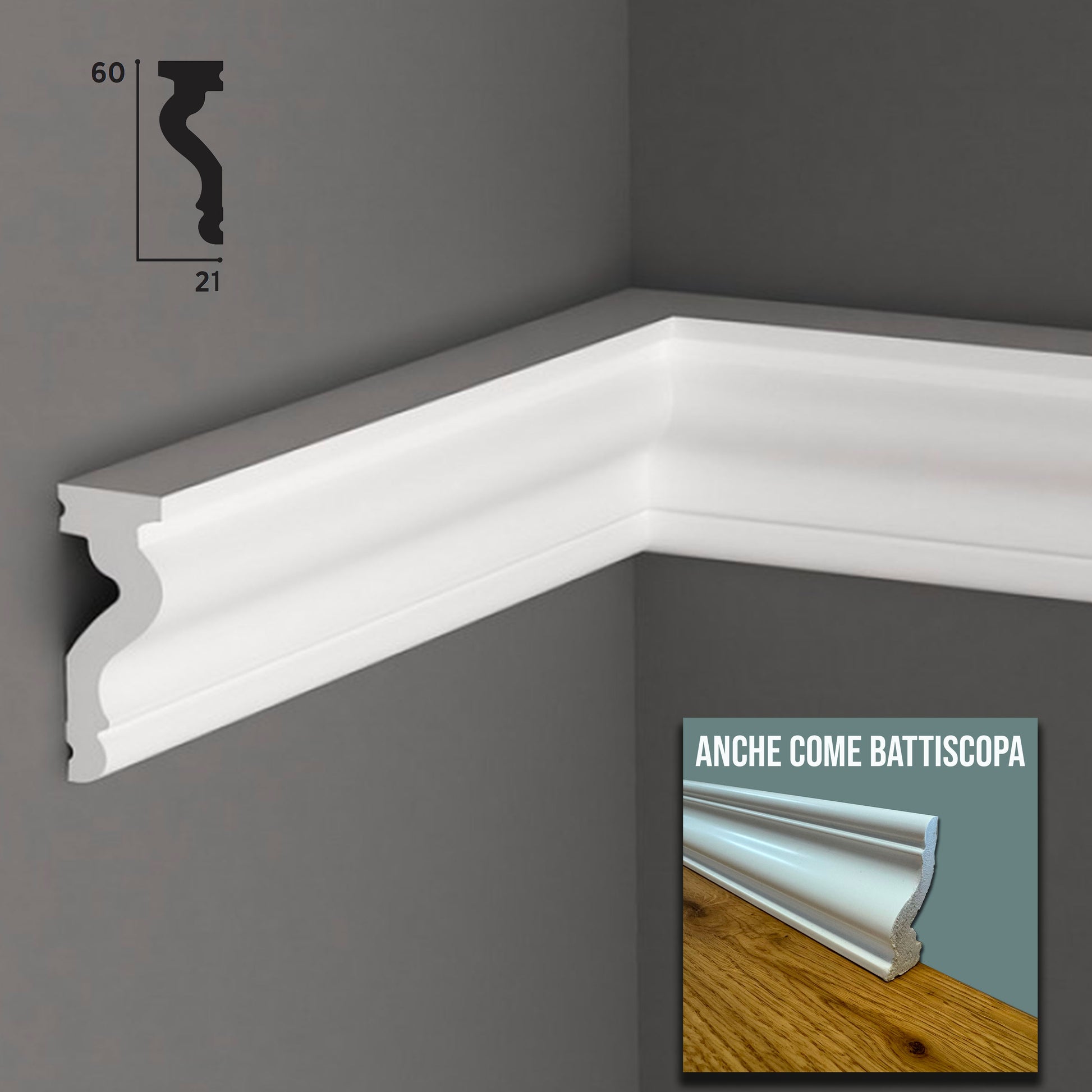Cornice / Battiscopa passacavo in POLIMERI FeelingWood-HD 60x21mm - BIANCO (prezzo al metro) - Eternal Parquet