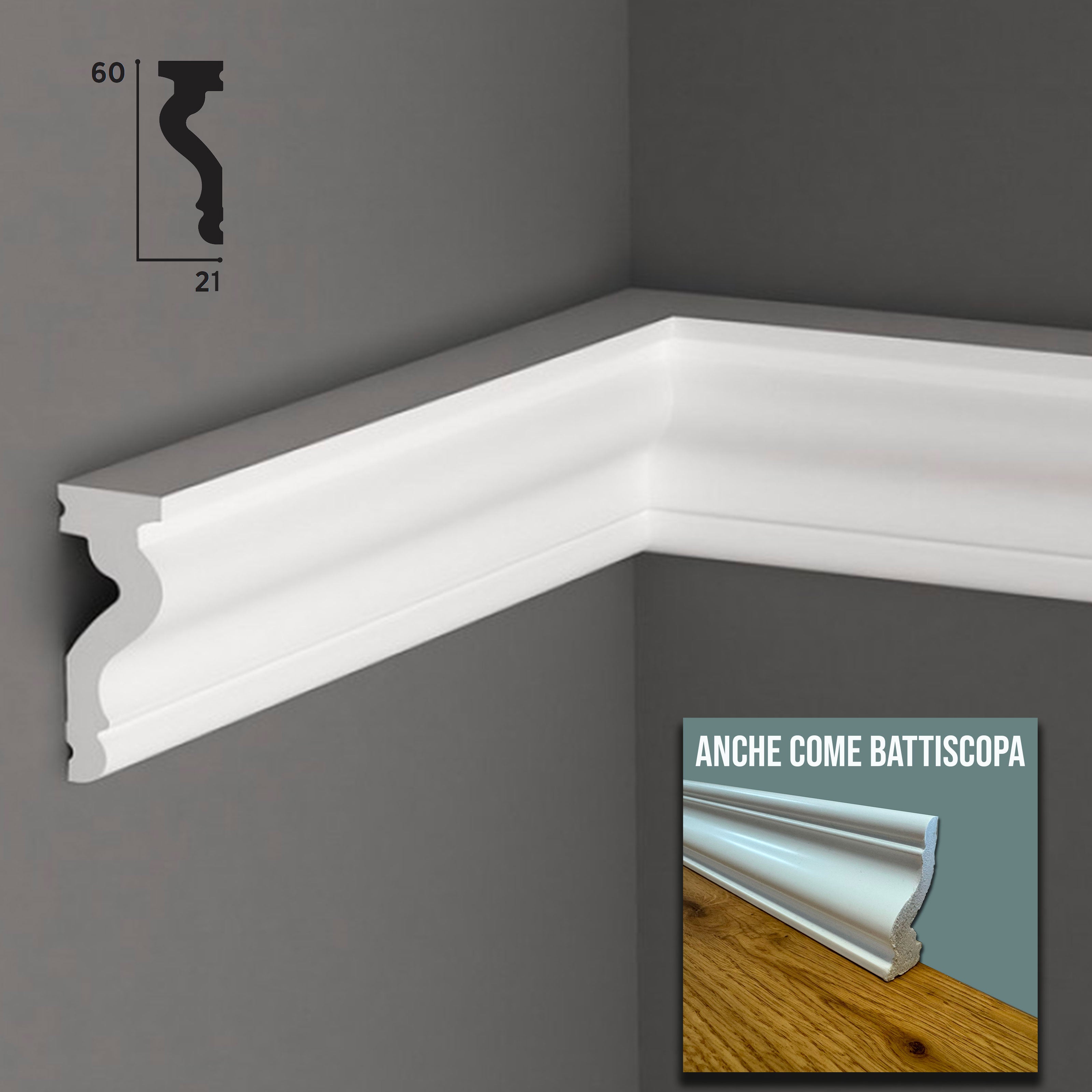 Cornice / Battiscopa passacavo in POLIMERI FeelingWood-HD 60x21mm - BIANCO (prezzo al metro) - Eternal Parquet