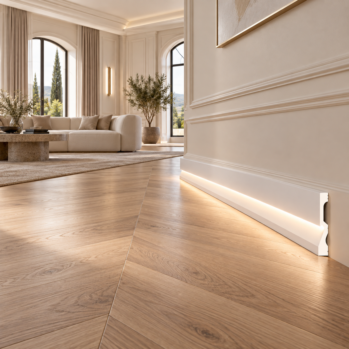 pacco da 128 ML di Battiscopa per LED squadrato Passacavo LUXURY QUALITY 100x18mm in POLIMERI - Polistrutturato