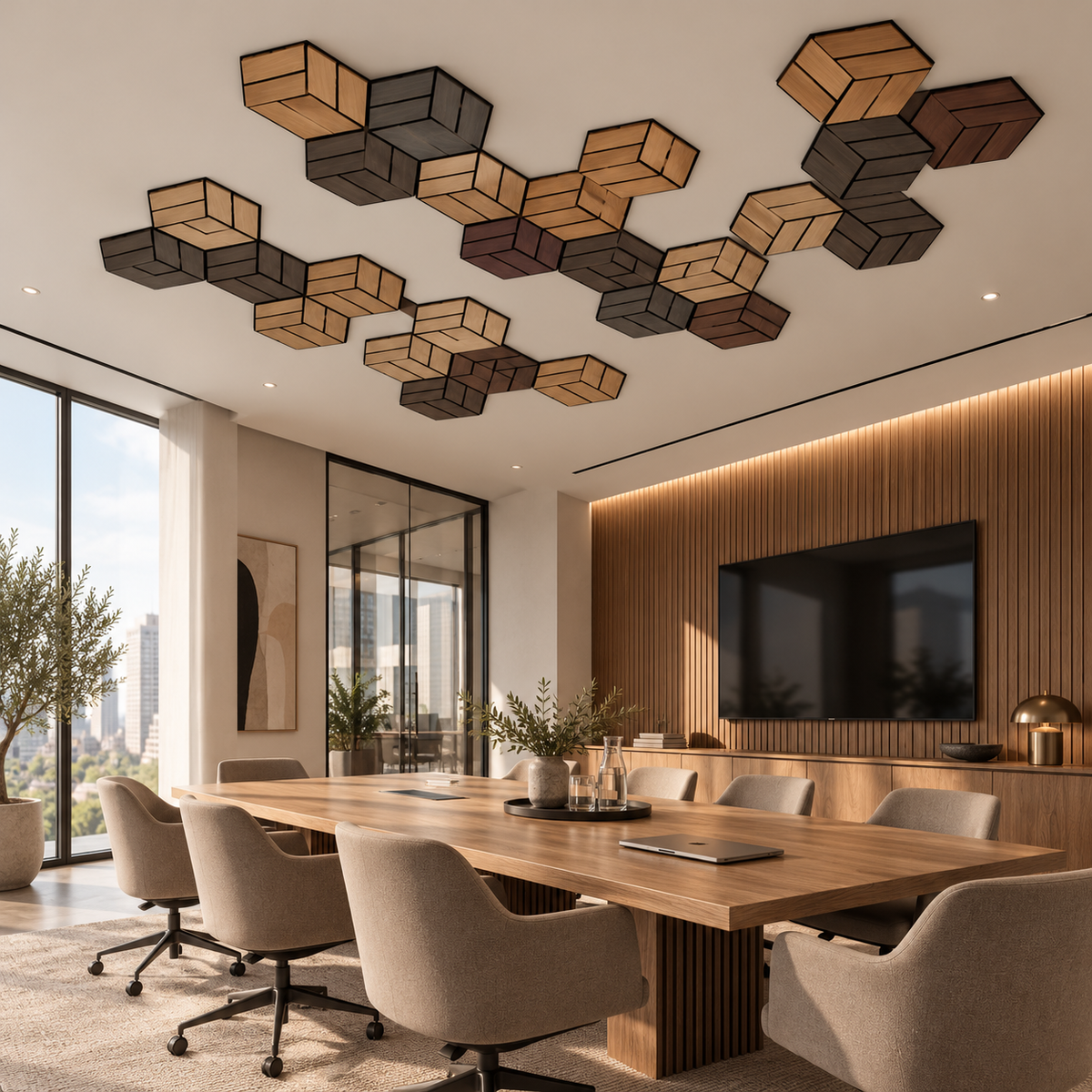 Pannello acustico professionale decorativo Esagonale 300x260x18mm in VERO LEGNO+Pet+Mdf "varie essenze" - Eternal Parquet