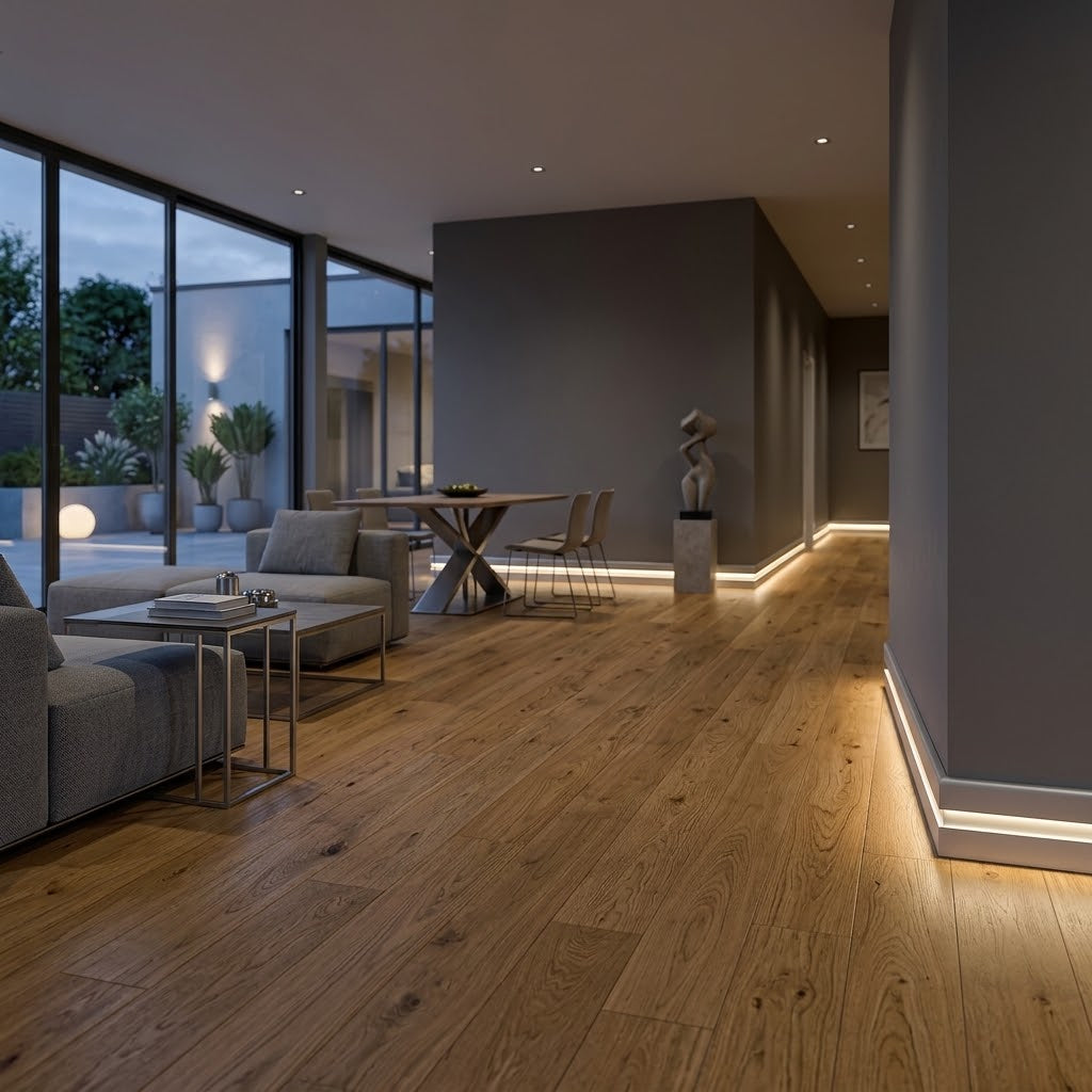 BATTISCOPA con incasso LED in FIBRA DI LEGNO col. Alluminio 80x15 Parquet, Laminati, SPC, LVT (prezzo al metro)