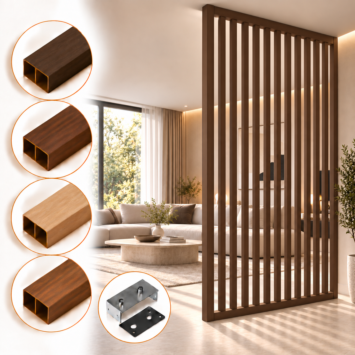 SIPA PURE Kit completo (13 toghe+2 basi orizzontali+staffe fisse) Divisorio Frangiluce in PVC Effetto Legno – rifilabile  1250x2900mm - Eternal Parquet