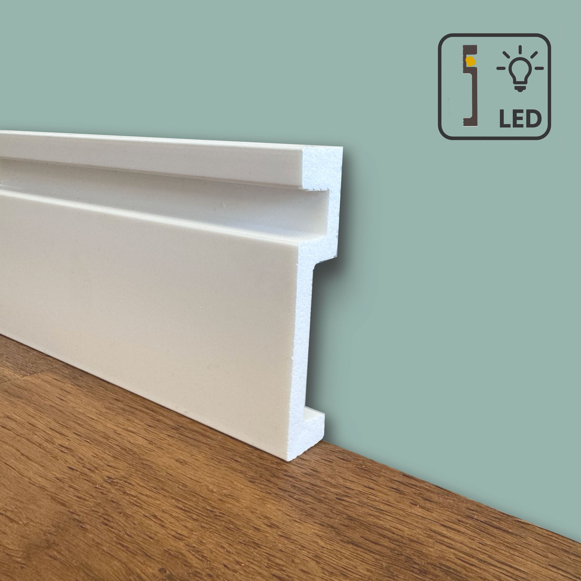 100ml di Battiscopa Quadro predisposizione LED in POLIMERI linea BASICBOARD  100x20mm - BIANCO pitturabile - Eternal Parquet